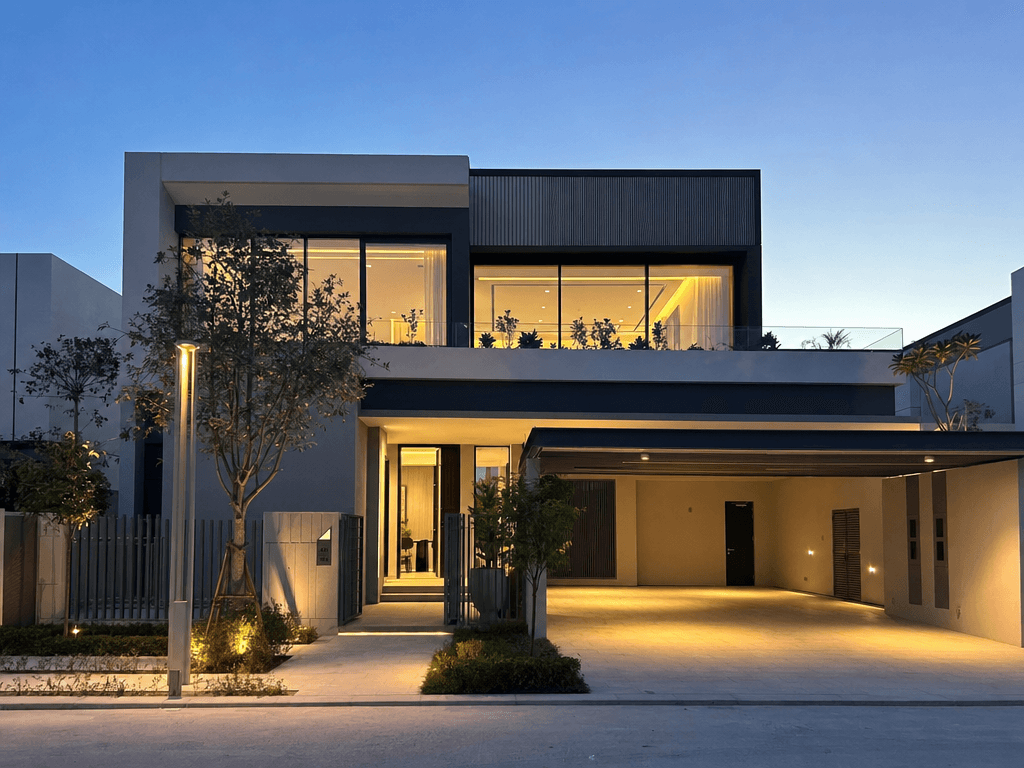 Reem Hills new-build villa exterior at twilight with modern architecture and warm interior glow through floor-to-ceiling glass