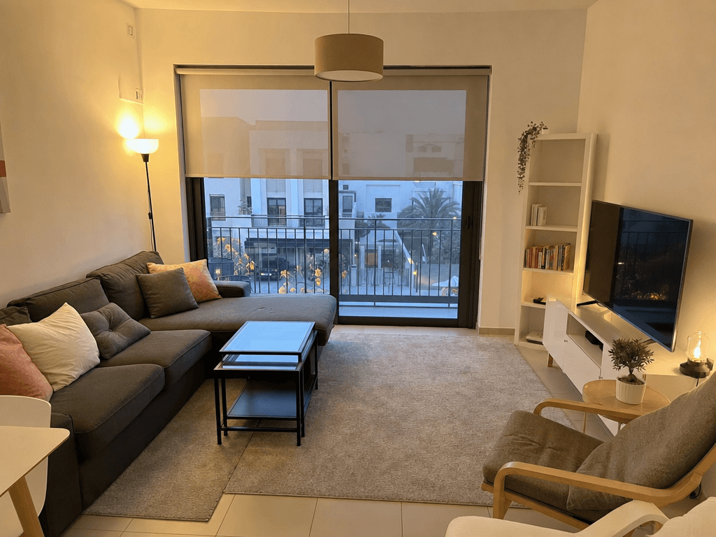 Town Square townhouse living room with IKEA smart blinds half-open and warm scene lighting at evening
