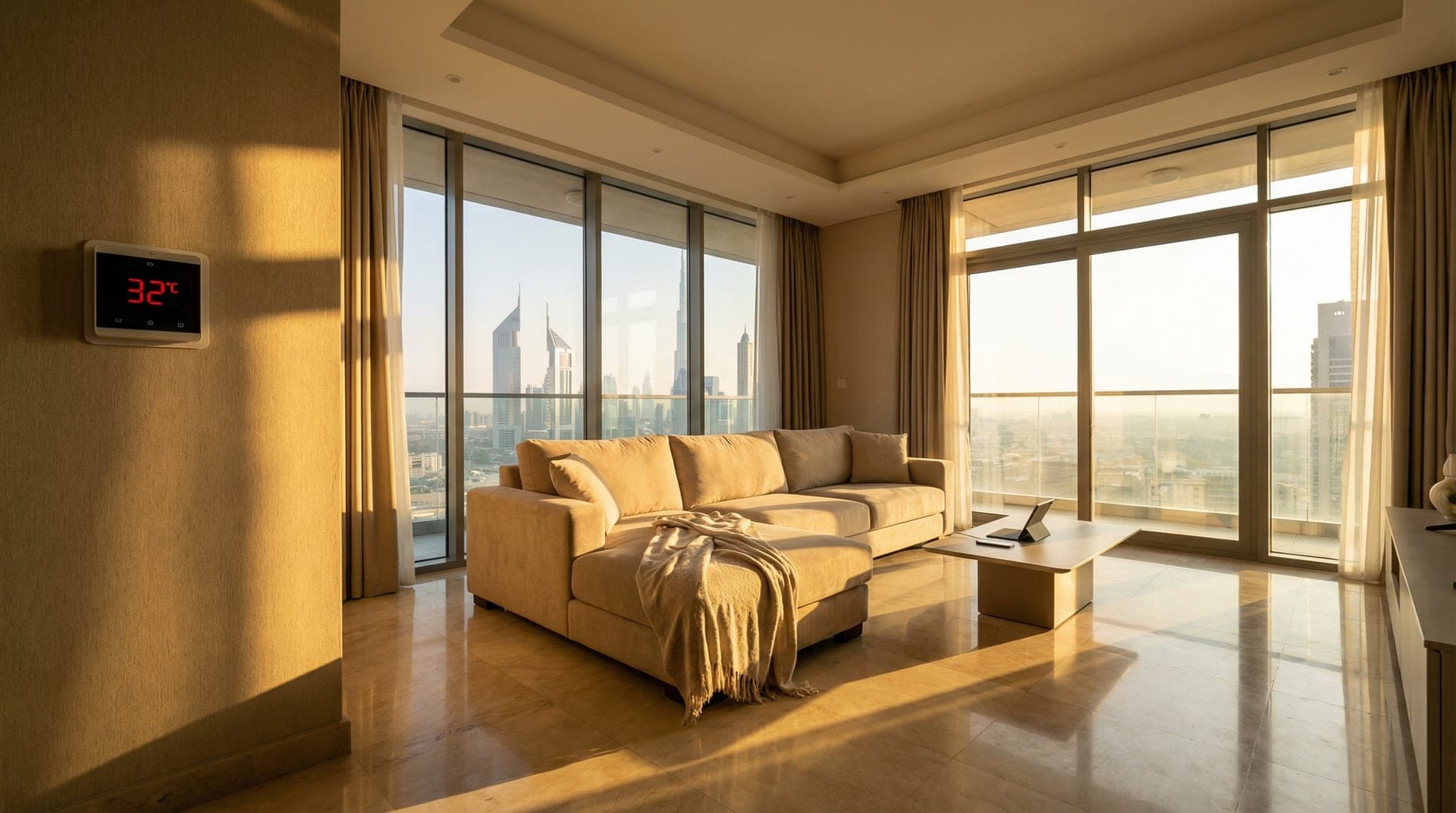 Afternoon sun streaming through floor-to-ceiling windows of a Dubai apartment with a smart thermostat showing 32 degrees on the wall