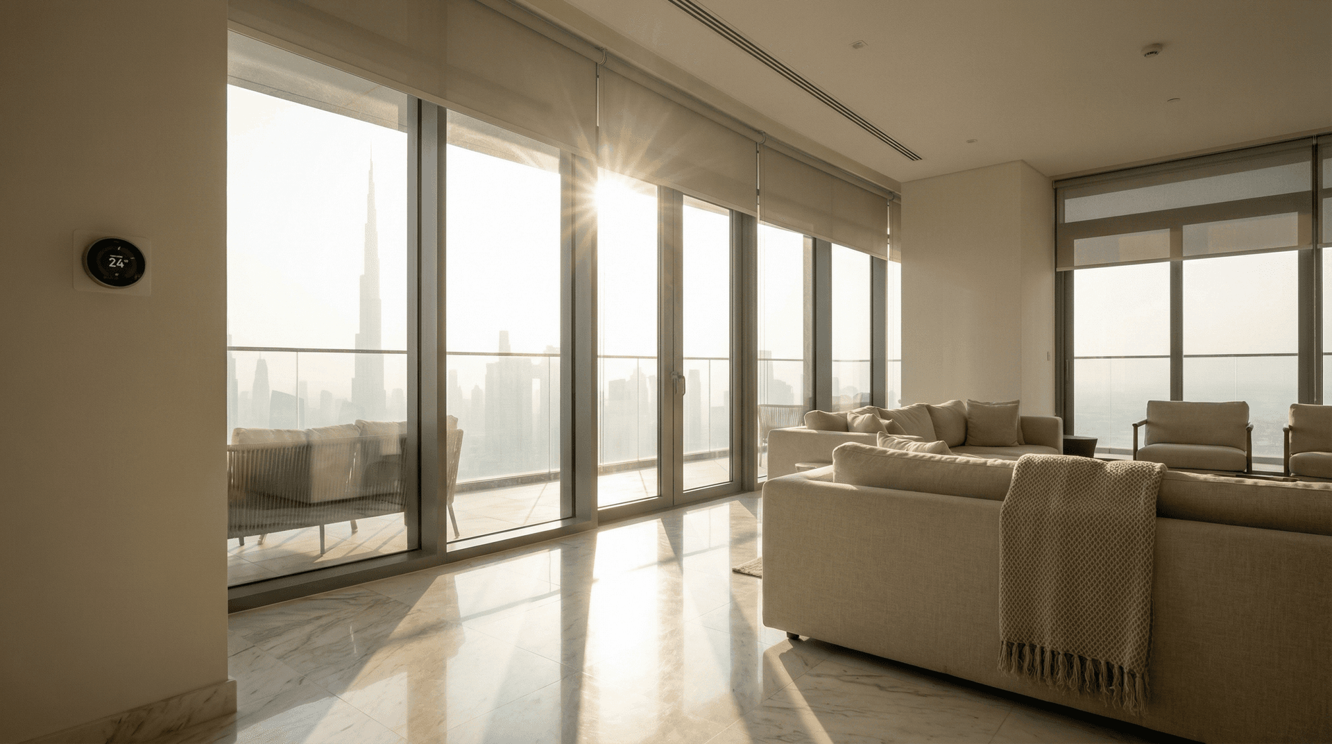 A Dubai apartment with smart thermostat showing 24 degrees, harsh summer sunlight visible through floor-to-ceiling windows with city skyline views
