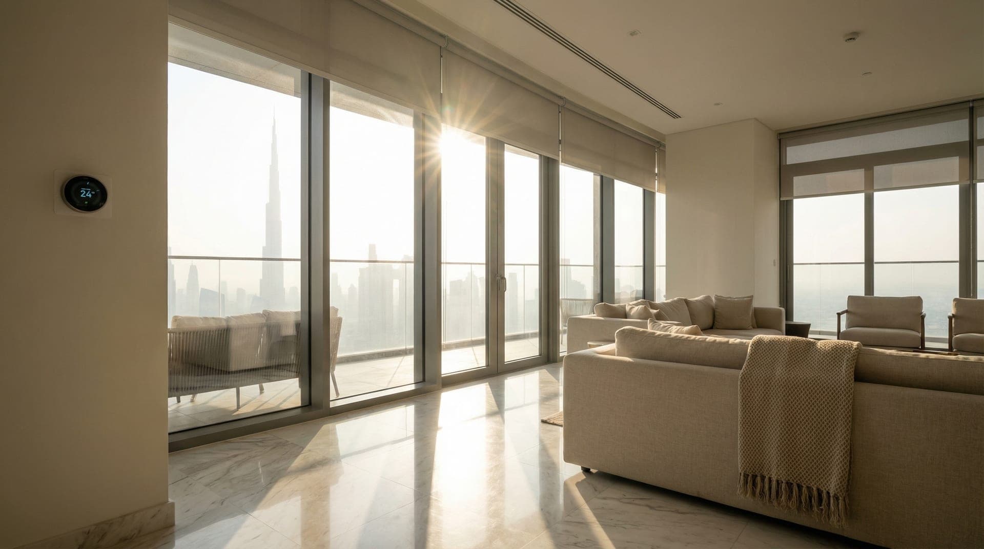A Dubai apartment with smart thermostat showing 24 degrees, harsh summer sunlight visible through floor-to-ceiling windows with city skyline views