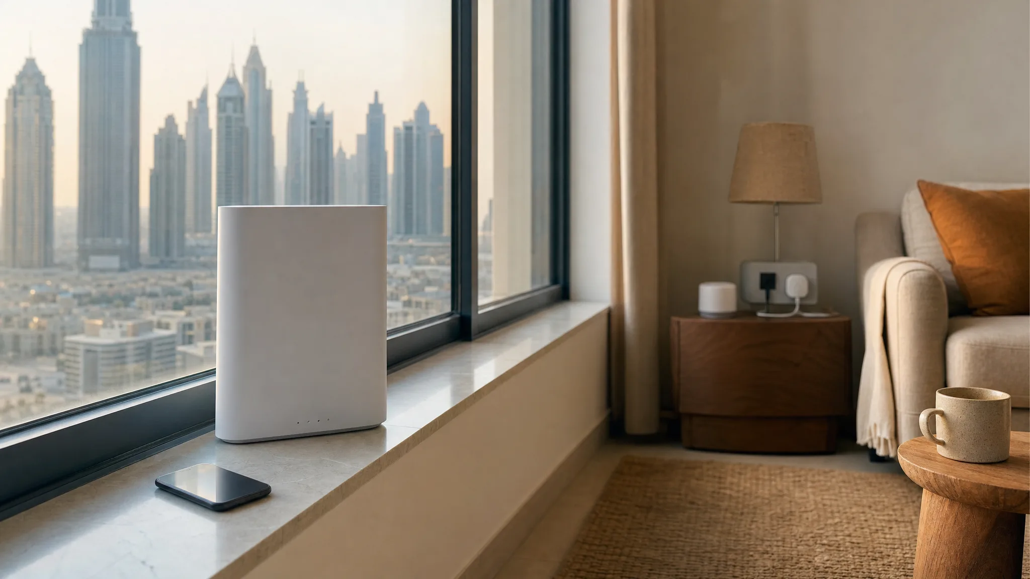 A white 5G home router on a windowsill in a Dubai apartment with city towers outside, a phone beside it, and a small hub and a smart plug on a side table next to the sofa