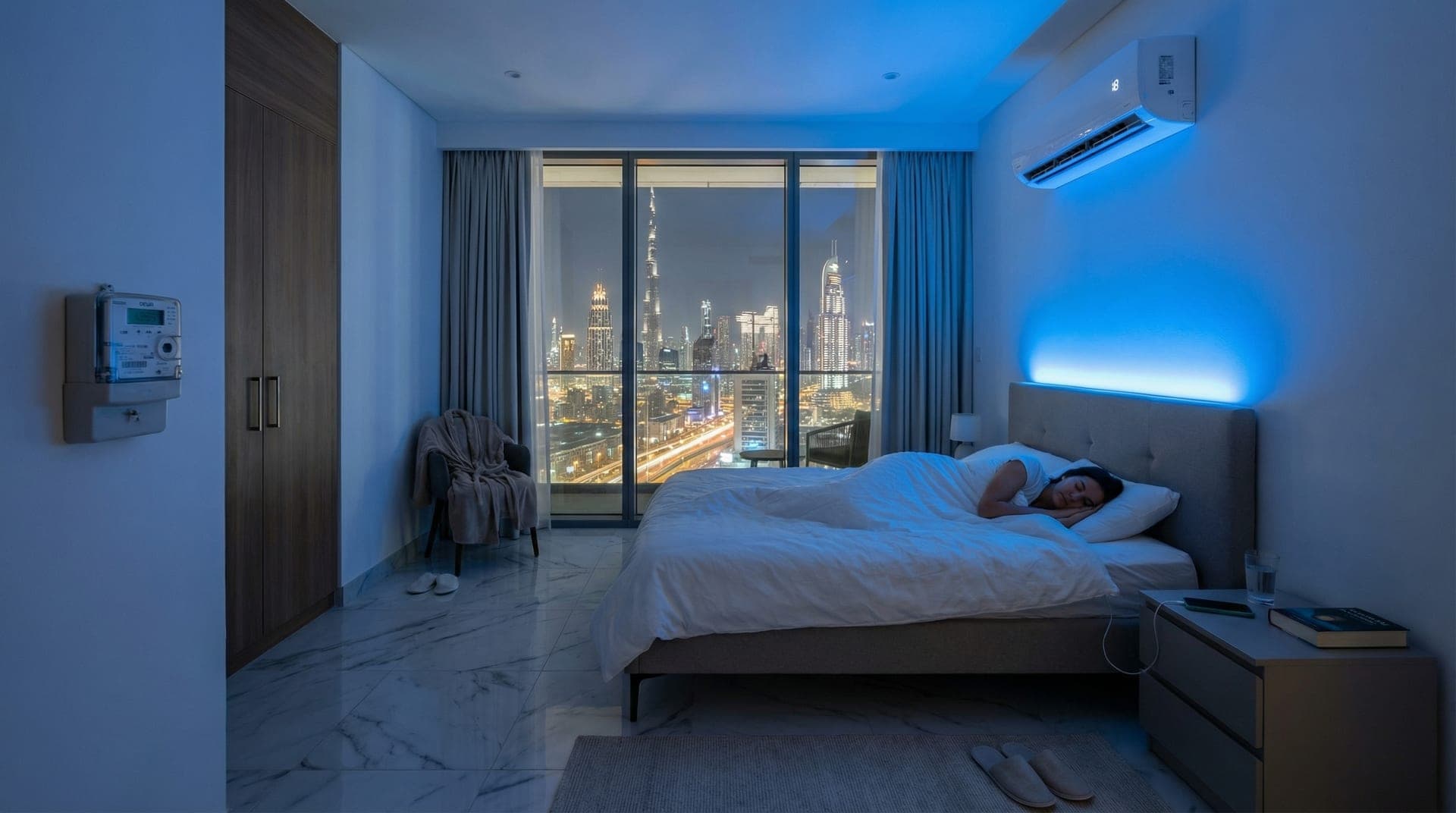 A Dubai apartment bedroom at night with AC unit showing 18 degrees, blue LED glow, person sleeping under covers with Dubai skyline through floor-to-ceiling windows