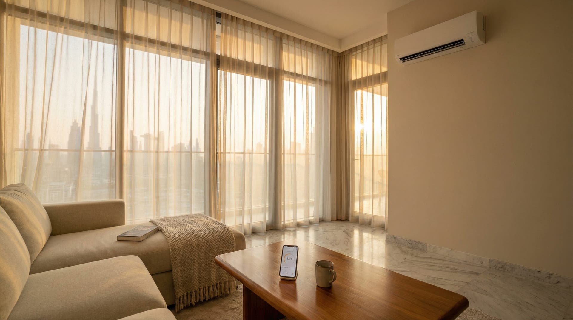A modern white split AC unit on a Dubai apartment wall with condensation on the vents, warm afternoon sunlight through floor-to-ceiling windows showing a hazy Dubai skyline