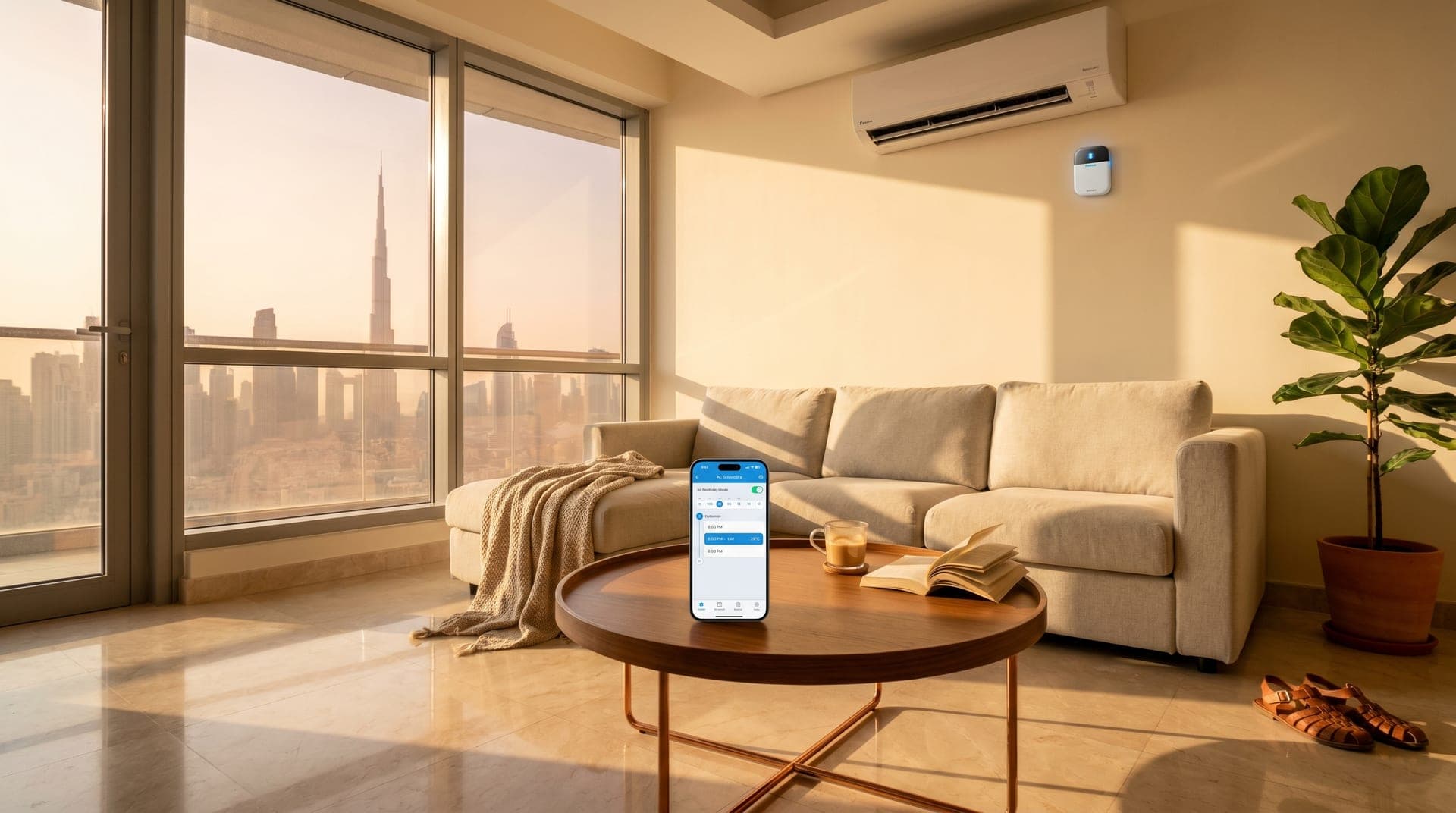 A modern Dubai apartment living room at golden hour with floor-to-ceiling windows, a smart AC controller mounted on the wall, and a smartphone on the coffee table showing an AC scheduling app with morning, evening, and sleep zones