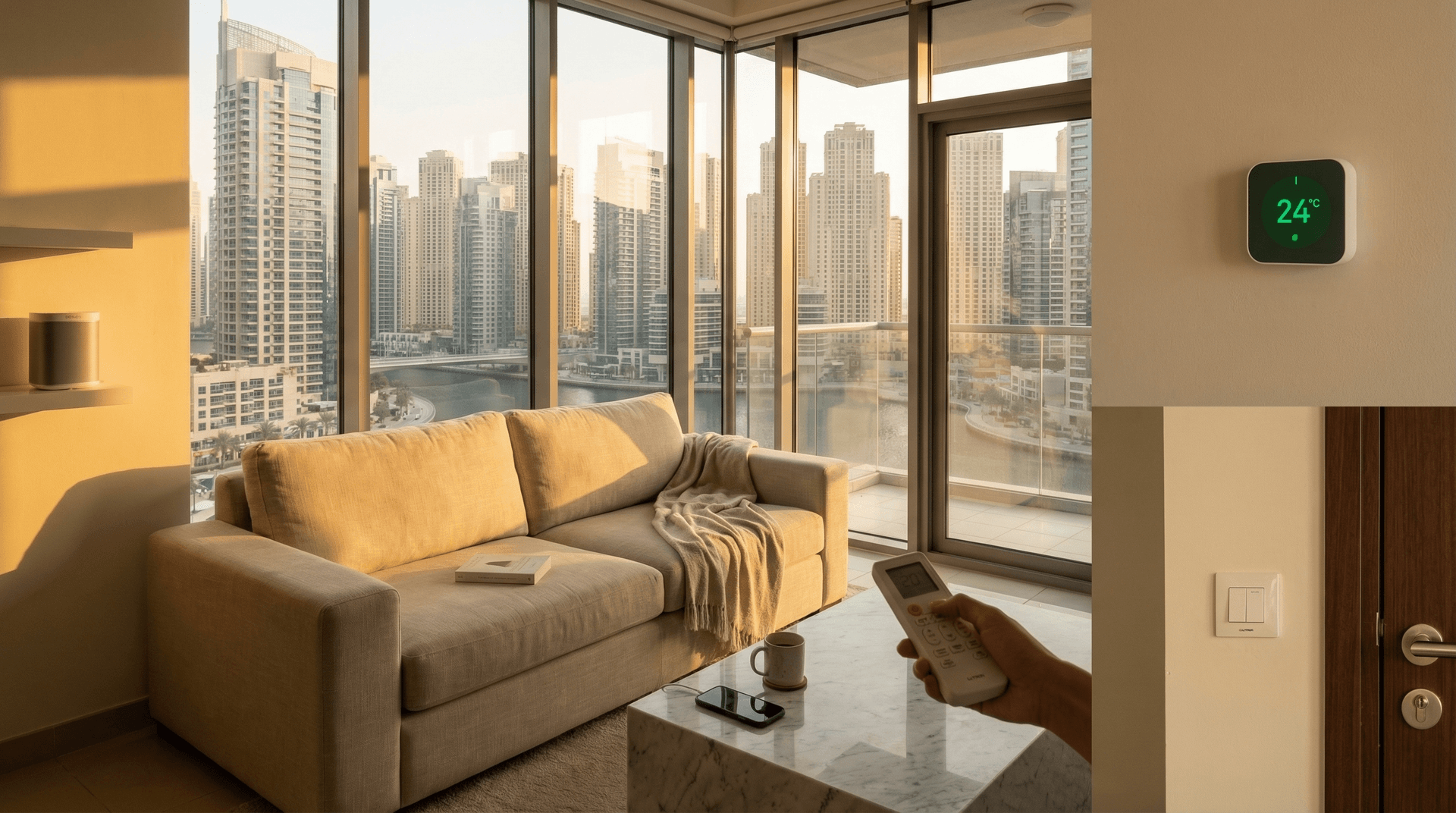 A Dubai apartment living room with a smart thermostat showing 24 degrees on the wall, afternoon sun through floor-to-ceiling windows with marina views