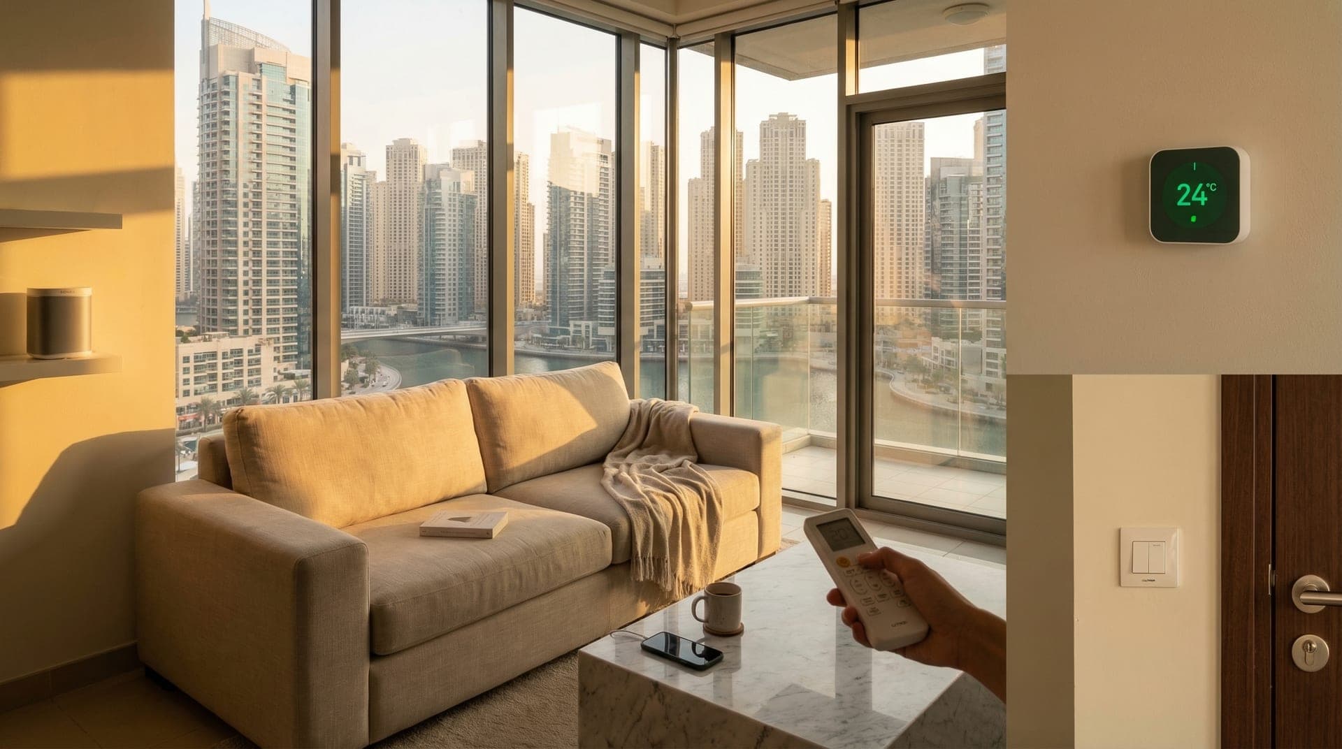 A Dubai apartment living room with a smart thermostat showing 24 degrees on the wall, afternoon sun through floor-to-ceiling windows with marina views