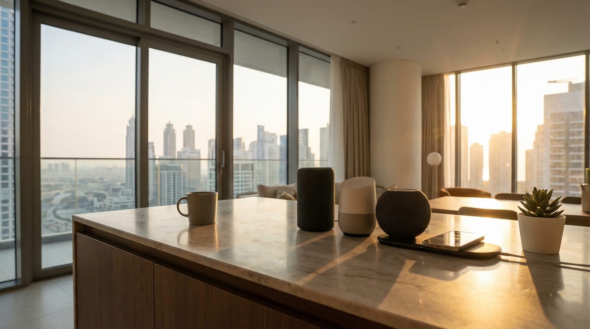 Modern Dubai apartment living room with smart speakers on a marble countertop, warm golden hour light through floor-to-ceiling windows