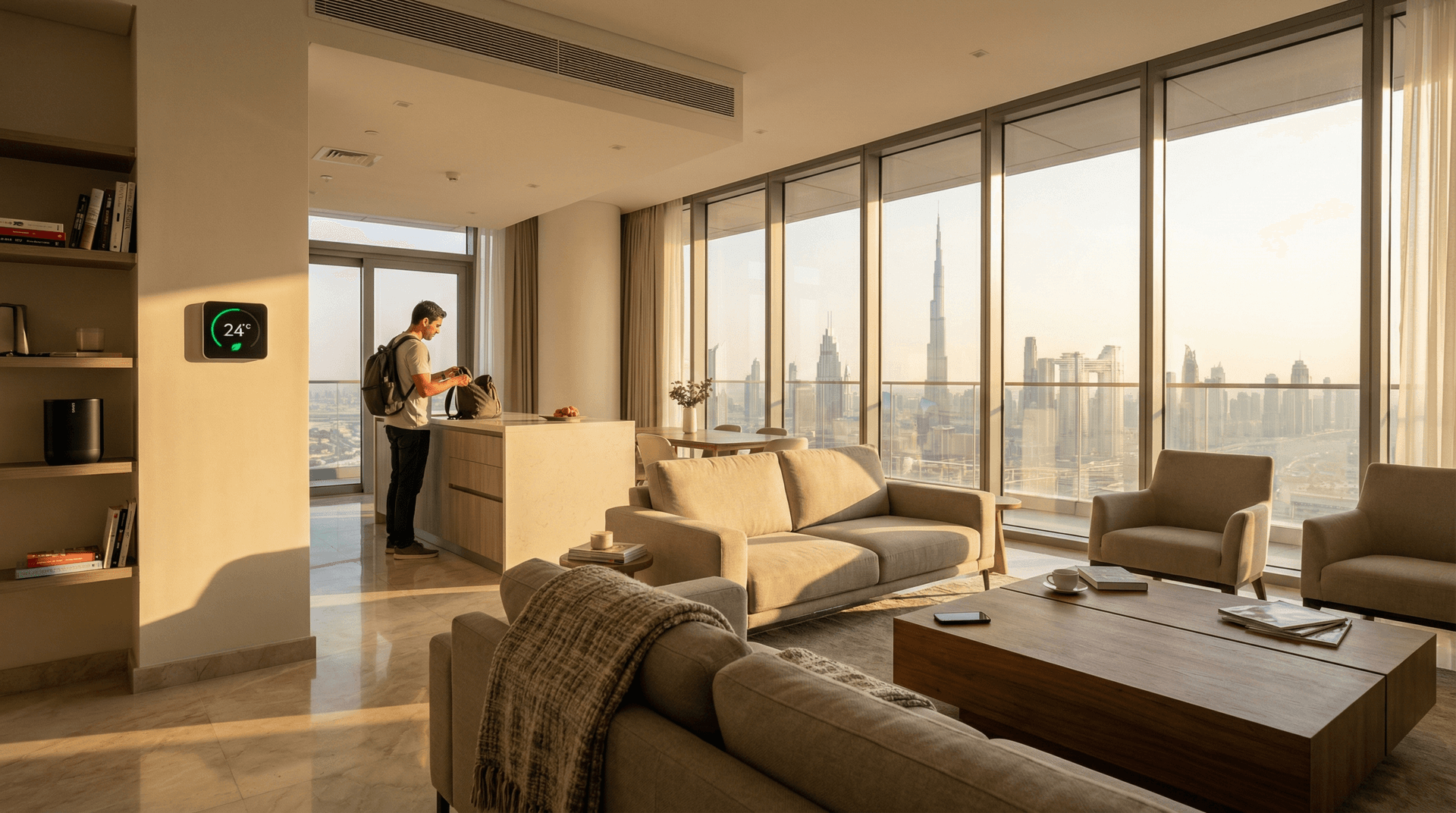 A person arriving home to a warm Dubai apartment with afternoon sun through floor-to-ceiling windows, a smart thermostat on the wall showing 24 degrees