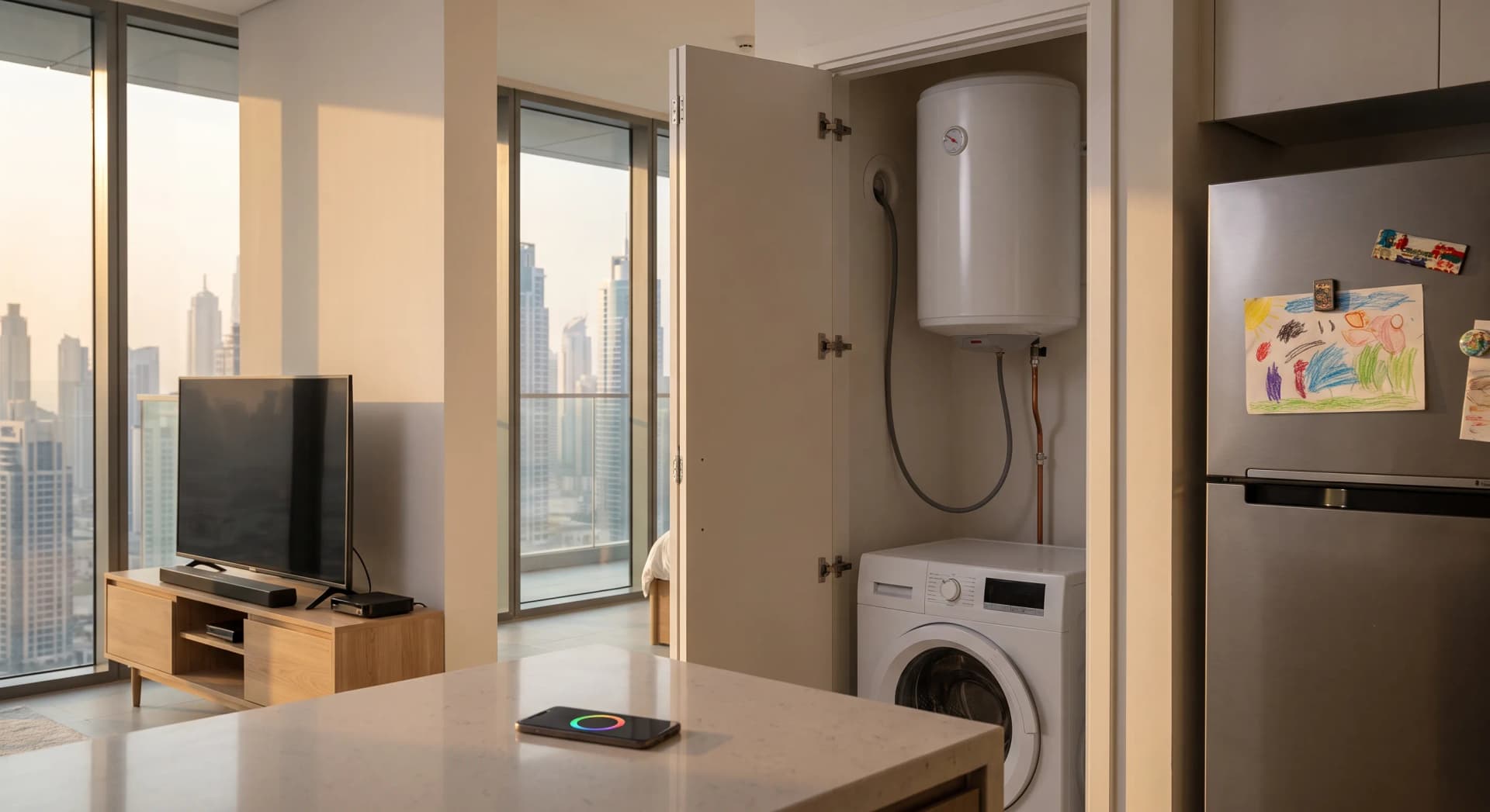 A Dubai apartment utility cupboard holding a wall-mounted storage water heater whose power cable runs straight into the wall, a washing machine beneath it, a fridge alongside, and a television on standby across the room