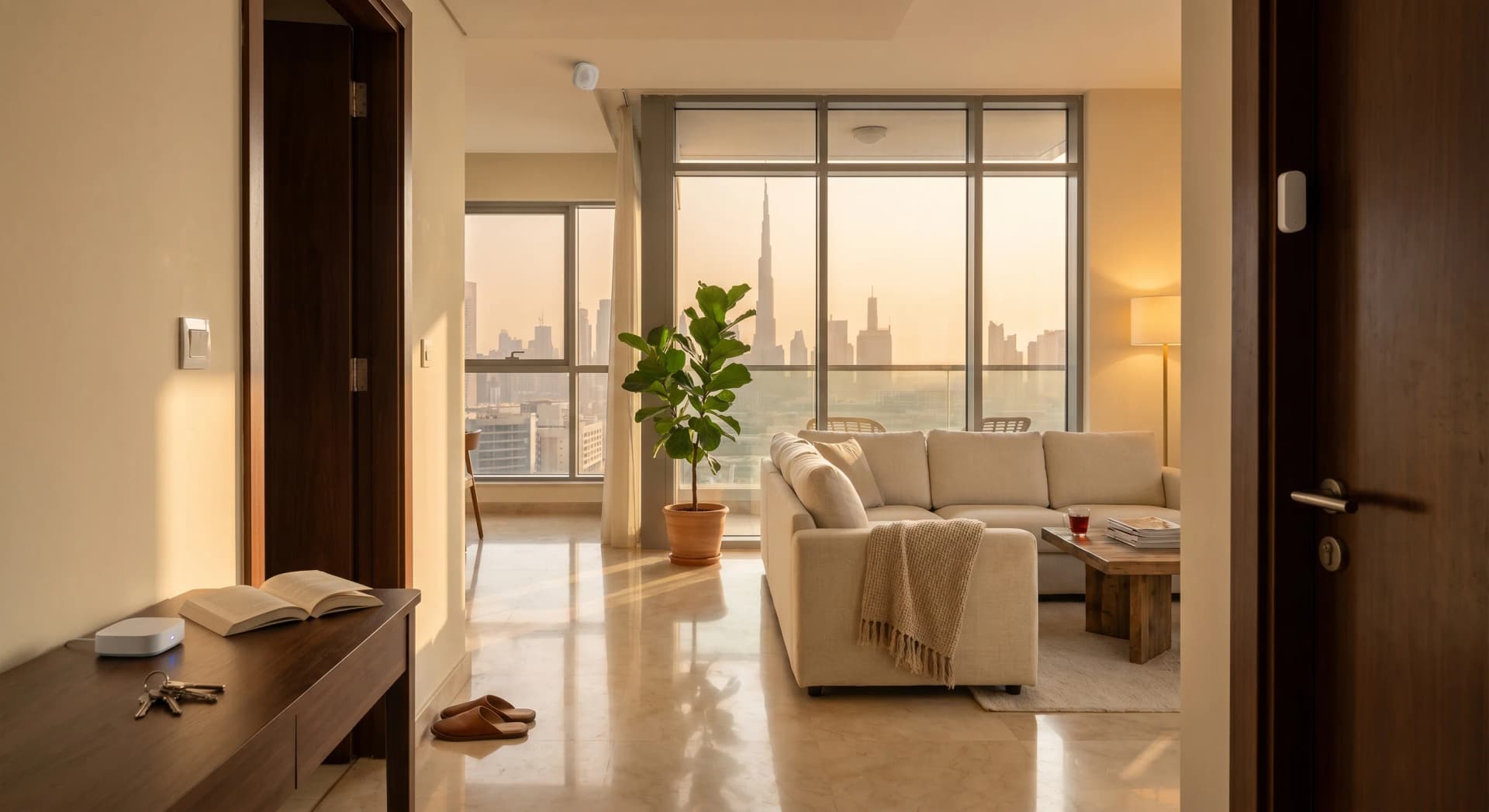 Modern Business Bay apartment hallway at golden hour with an Aqara FP2 presence sensor mounted high in the corner, an Aqara door and window contact on the front door, and a small Aqara hub on a console table, marble floor and warm lamp light, lived-in with keys and a book on the console