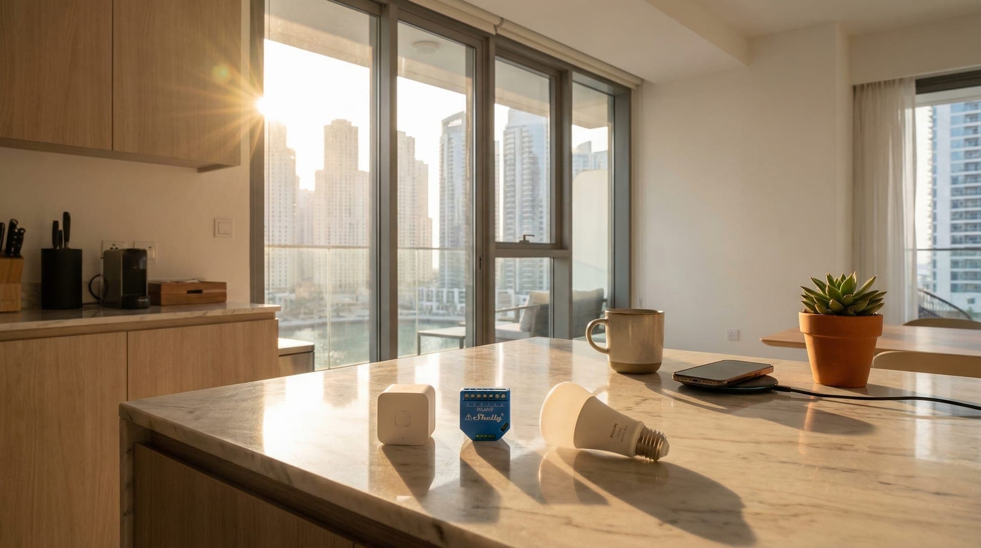 Aqara sensor, Shelly relay, and Philips Hue bulb arranged on a marble countertop in a Dubai apartment