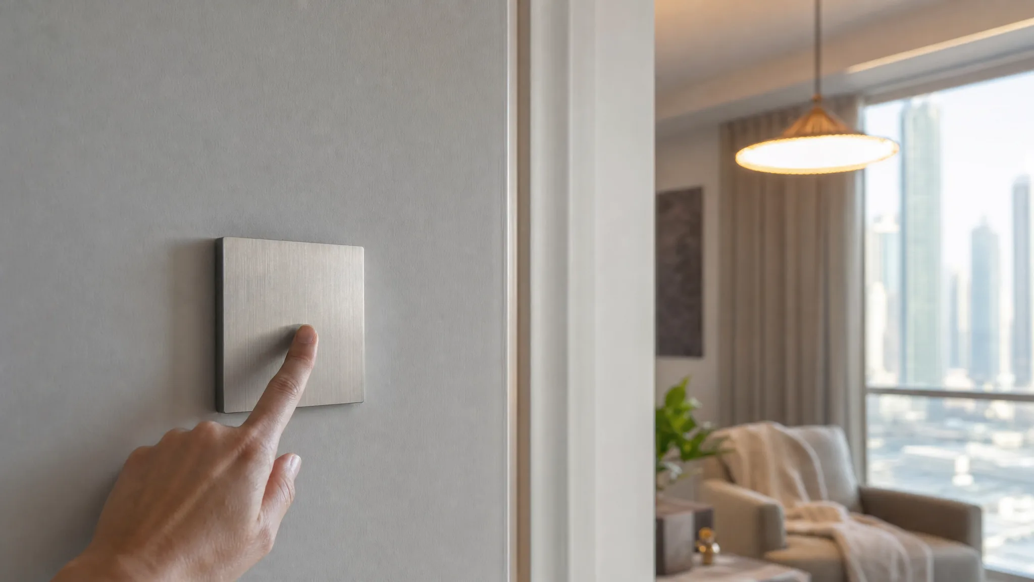 A hand pressing a slim brushed-steel wireless switch fixed to a pale grey wall beside a doorway in a Dubai apartment, with a warm pendant light glowing out of focus behind