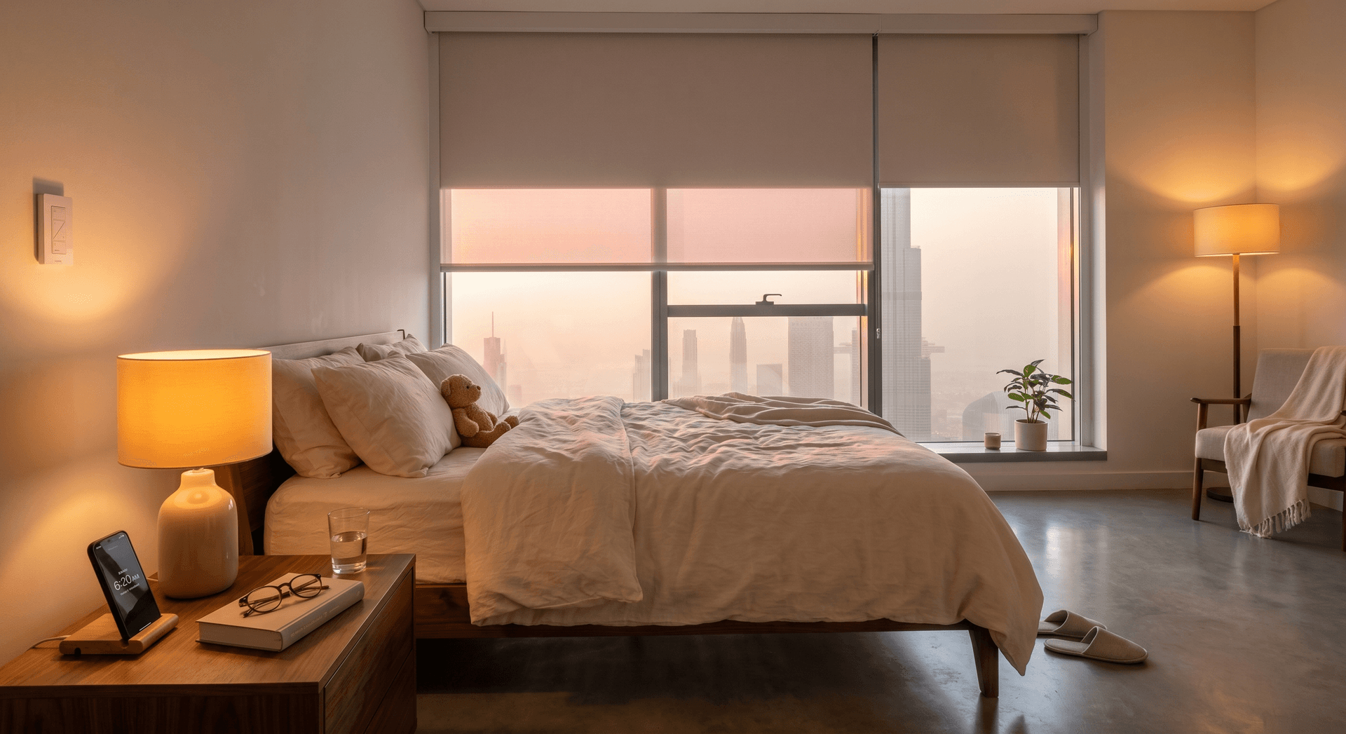 Dubai apartment bedroom at golden hour with a warm bedside lamp glowing 2200K amber, a linen-covered bed, a closed book on the nightstand, a Lutron Pico keypad on the wall, motorized blackout blinds half-drawn against a Dubai skyline