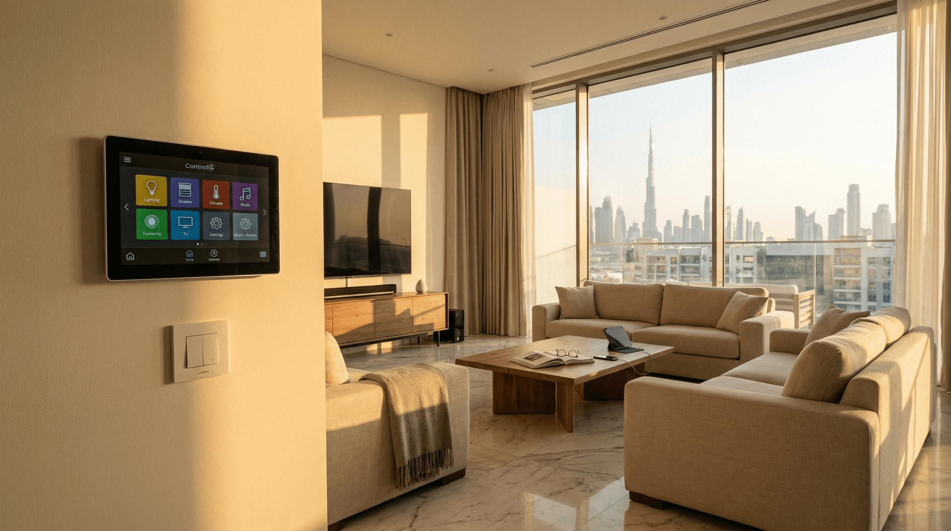 Modern Dubai villa living room with Control4 touchscreen on the wall showing home automation controls, floor-to-ceiling windows with city views