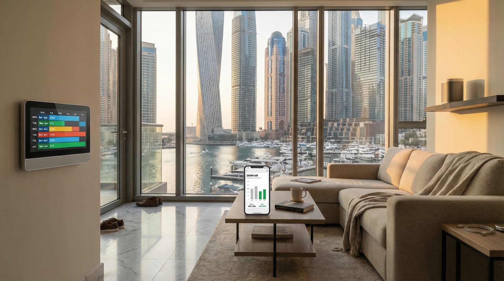 A Dubai apartment with a smart thermostat on the wall showing a cooling schedule, afternoon sun through floor-to-ceiling windows, and a phone on the coffee table displaying DEWA bill comparison