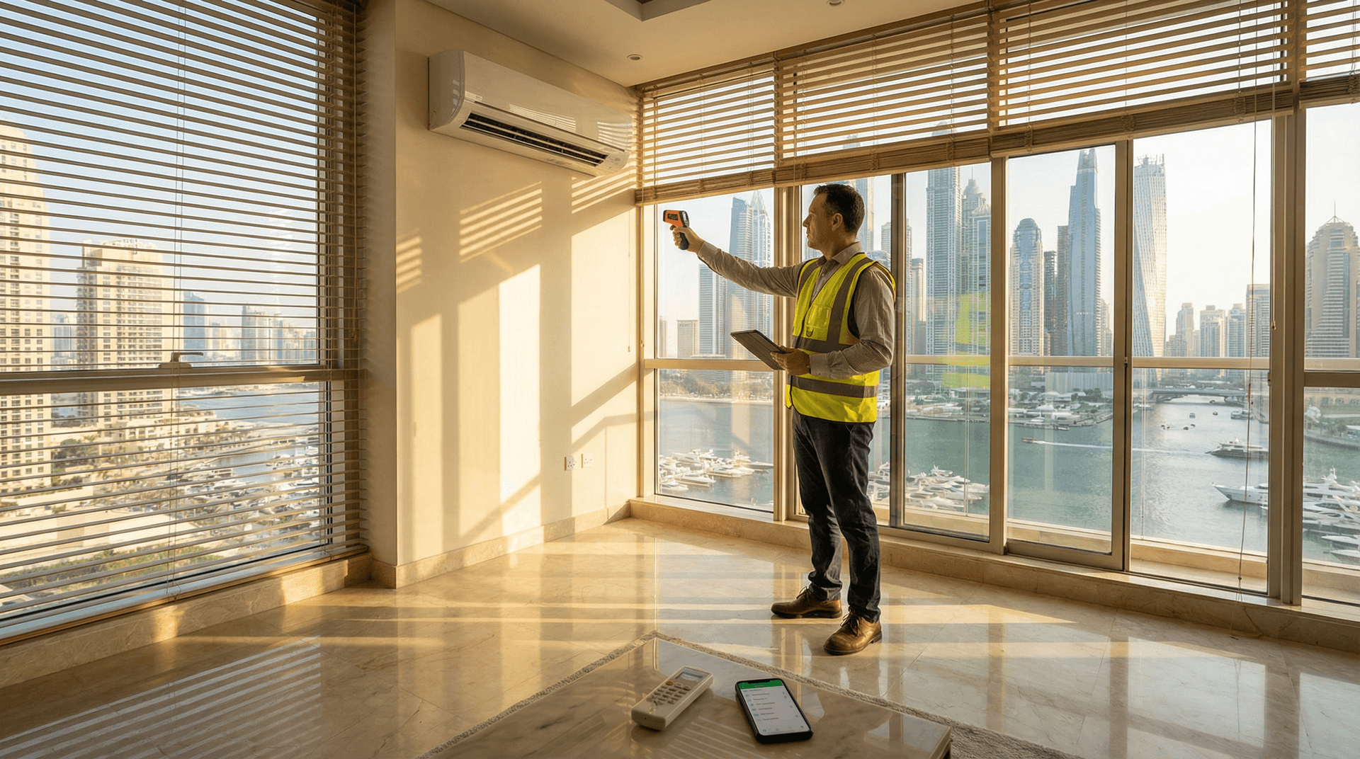 A professional surveyor examining a wall-mounted AC unit in a modern Dubai apartment with floor-to-ceiling windows overlooking Dubai Marina