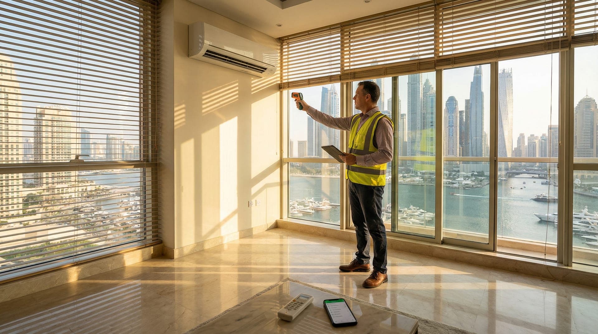 A professional surveyor examining a wall-mounted AC unit in a modern Dubai apartment with floor-to-ceiling windows overlooking Dubai Marina