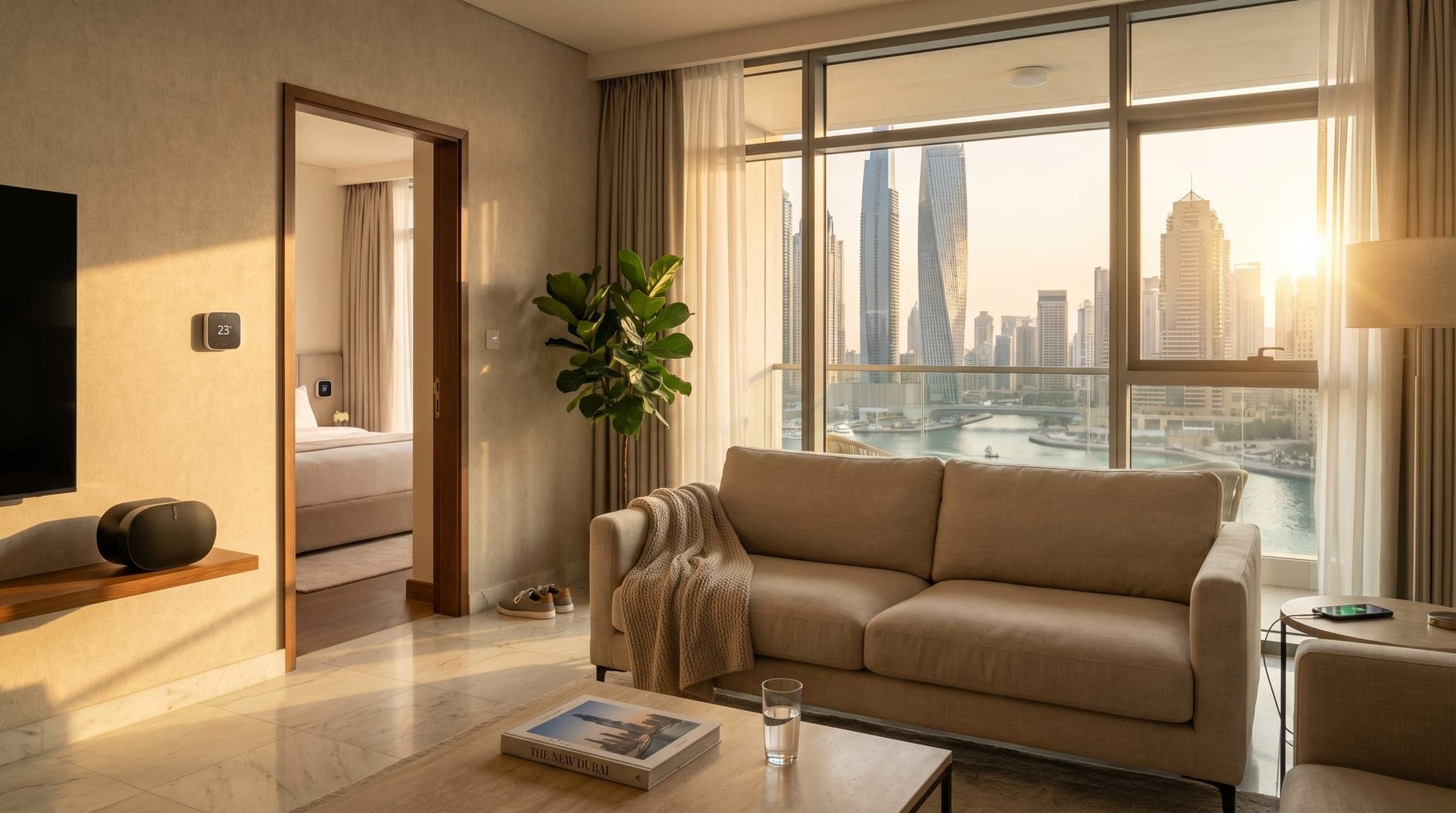 Dubai apartment living room with afternoon sun through floor-to-ceiling windows showing a smart thermostat on the wall displaying temperature zones