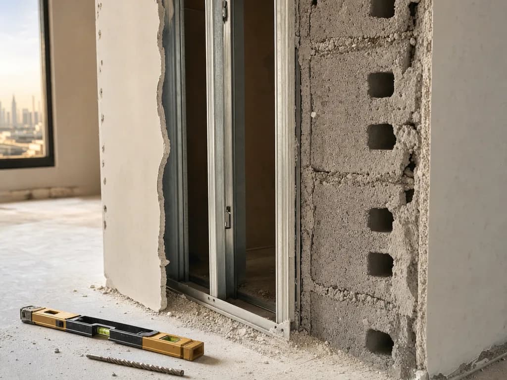 A partly opened section of a Dubai apartment wall showing a steel stud frame behind a cut edge of gypsum board on one side and grey hollow concrete blockwork on the other, with a spirit level and a drill bit resting on the floor below in warm afternoon light