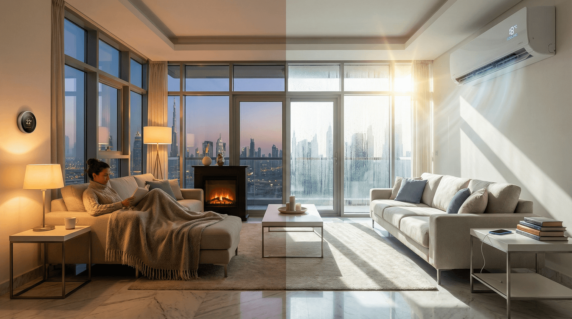 Split comparison of a Dubai apartment in summer heat with AC running versus a comfortable winter evening with warm lighting and AC off