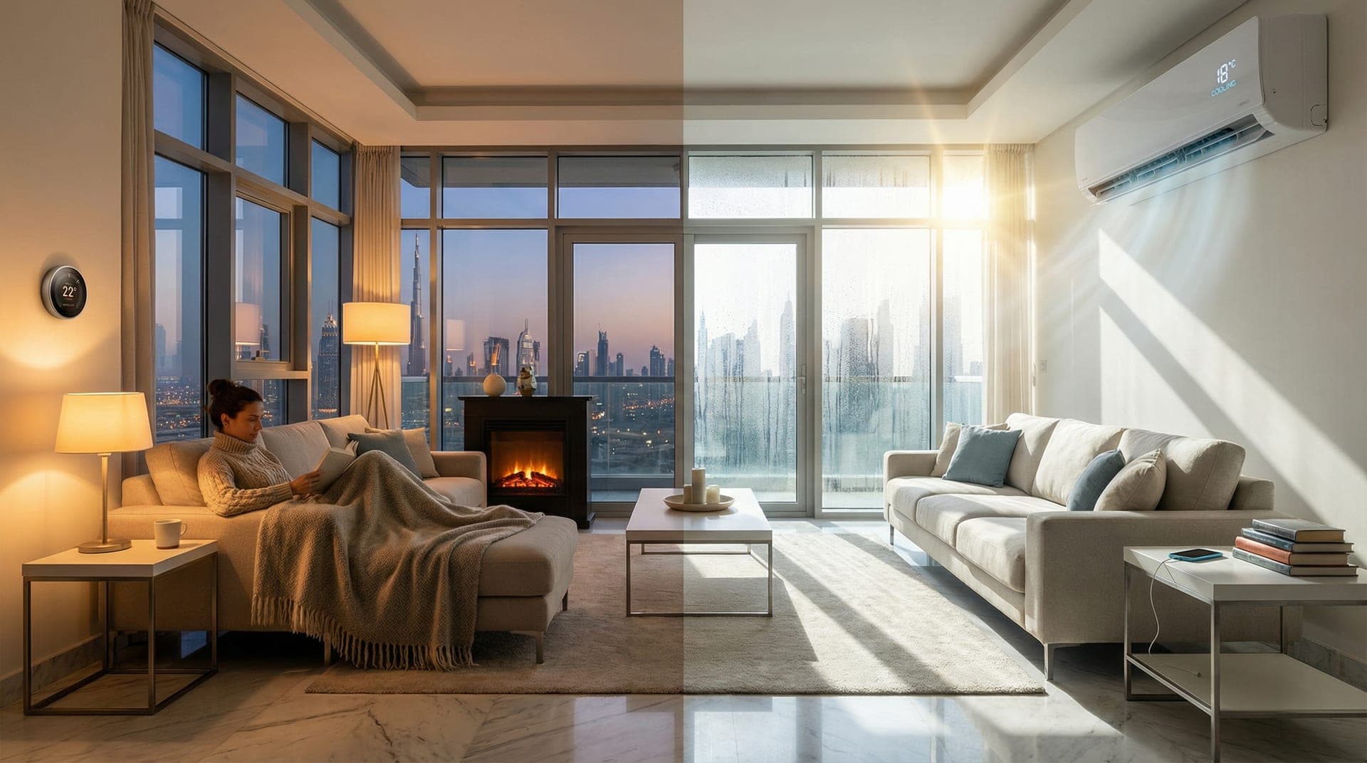 Split comparison of a Dubai apartment in summer heat with AC running versus a comfortable winter evening with warm lighting and AC off