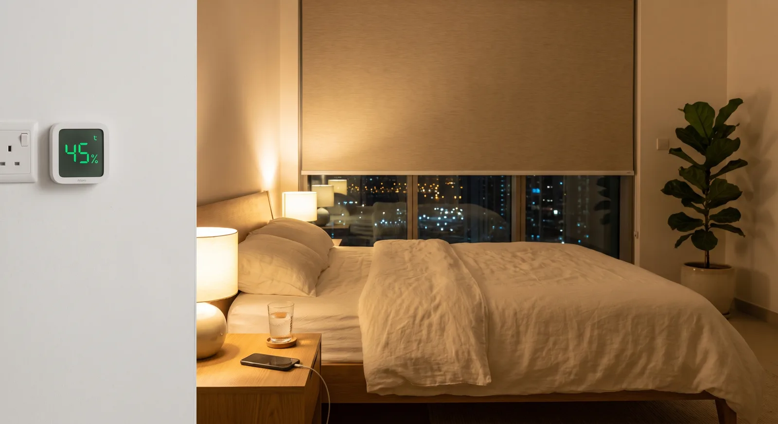 A Business Bay Dubai apartment bathroom at night showing condensation forming on a cool mirror surface, Aqara temperature and humidity sensor mounted on the wall showing 73 percent humidity reading on a small display, AC remote on the vanity shelf, towel rail and white metro tiles in background, warm overhead lighting, no people