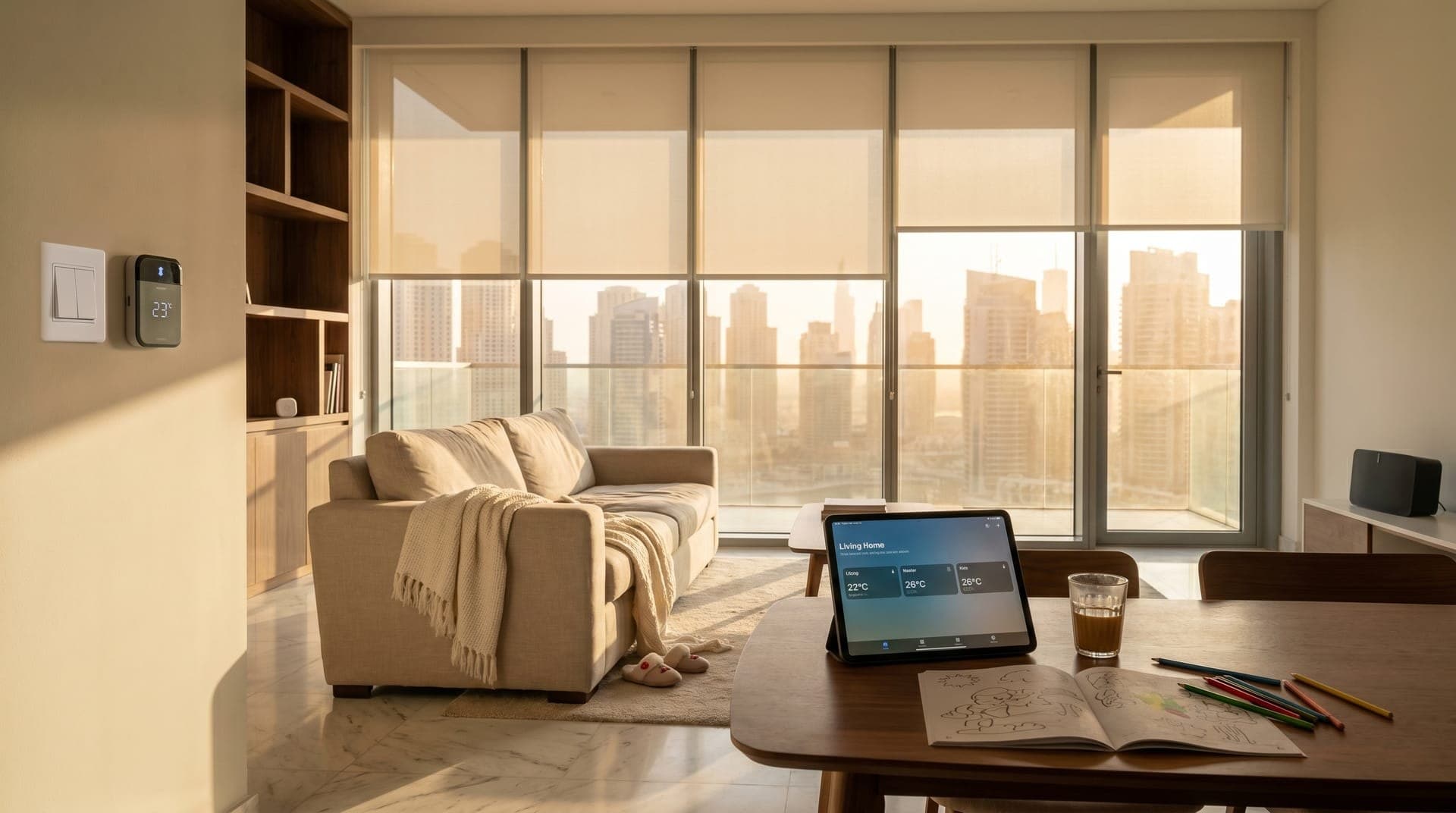 A Dubai apartment living room in late afternoon golden light with floor-to-ceiling windows showing 47C heat haze over the Marina, a Sensibo Sky smart AC controller on the wall reading 23C, an iPad on the coffee table showing room-by-room temperatures, kids' colouring books spread out, half-finished karak chai in glass cups, and a slightly drawn linen blind softening the western glare