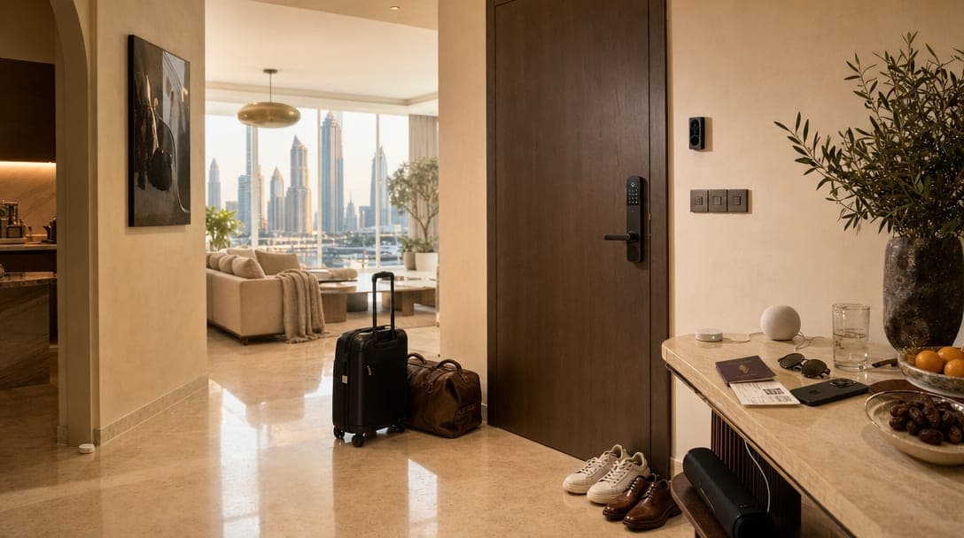 A Dubai apartment entryway at golden hour with packed luggage by the door, a smart lock and wireless video doorbell visible, and a console table holding a passport, phone, and Aqara hub