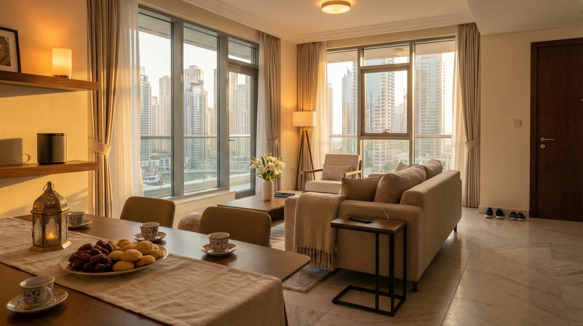 A modern Dubai apartment living room set for Eid al-Fitr guests with warm smart lighting and a dining table prepared for celebration