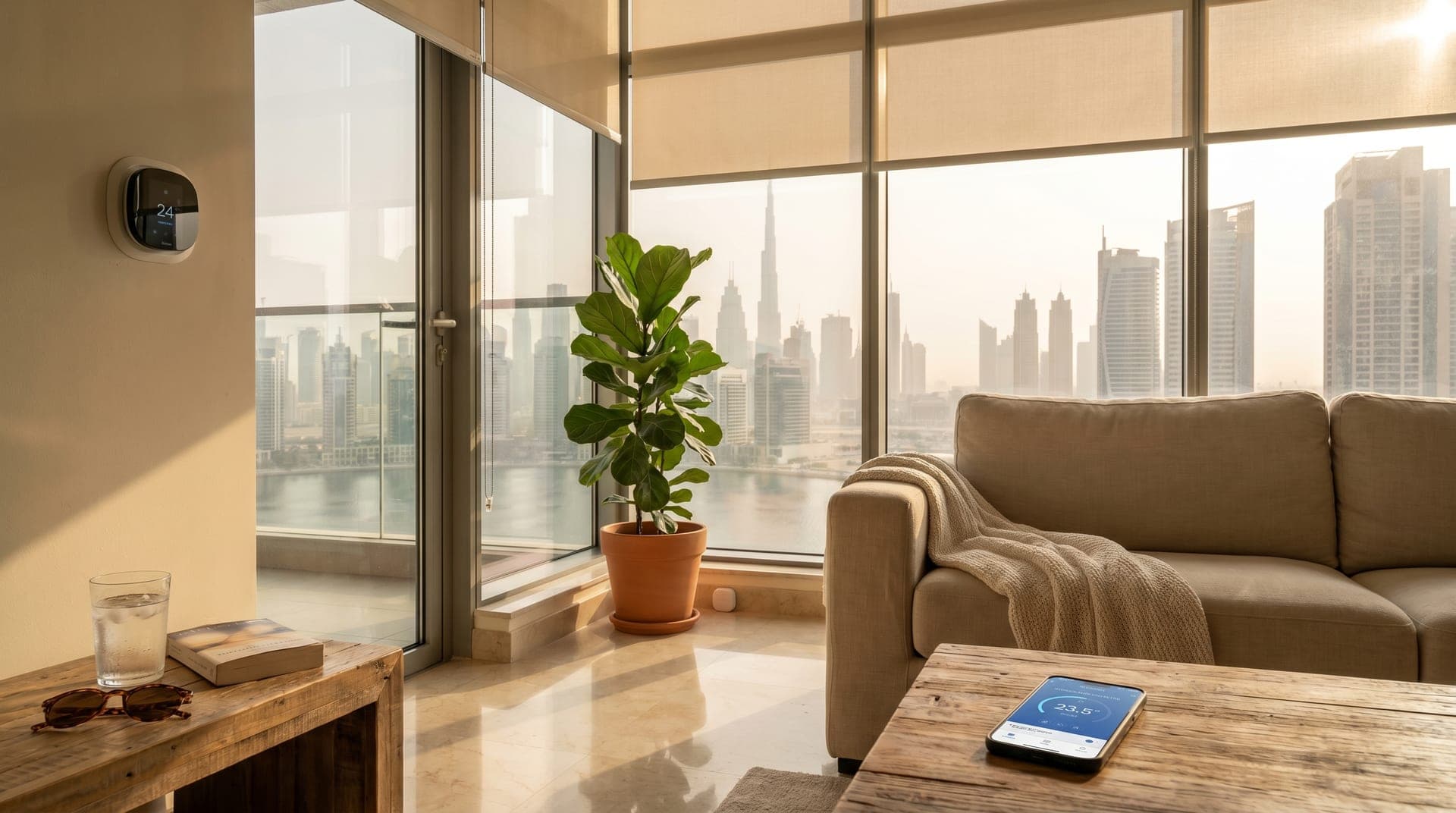 A pre-cooled modern Dubai apartment at golden hour with a smart thermostat set to 24C, motorized blinds partially lowered, and a water leak sensor by a plant, ready for the first 40C day of summer.
