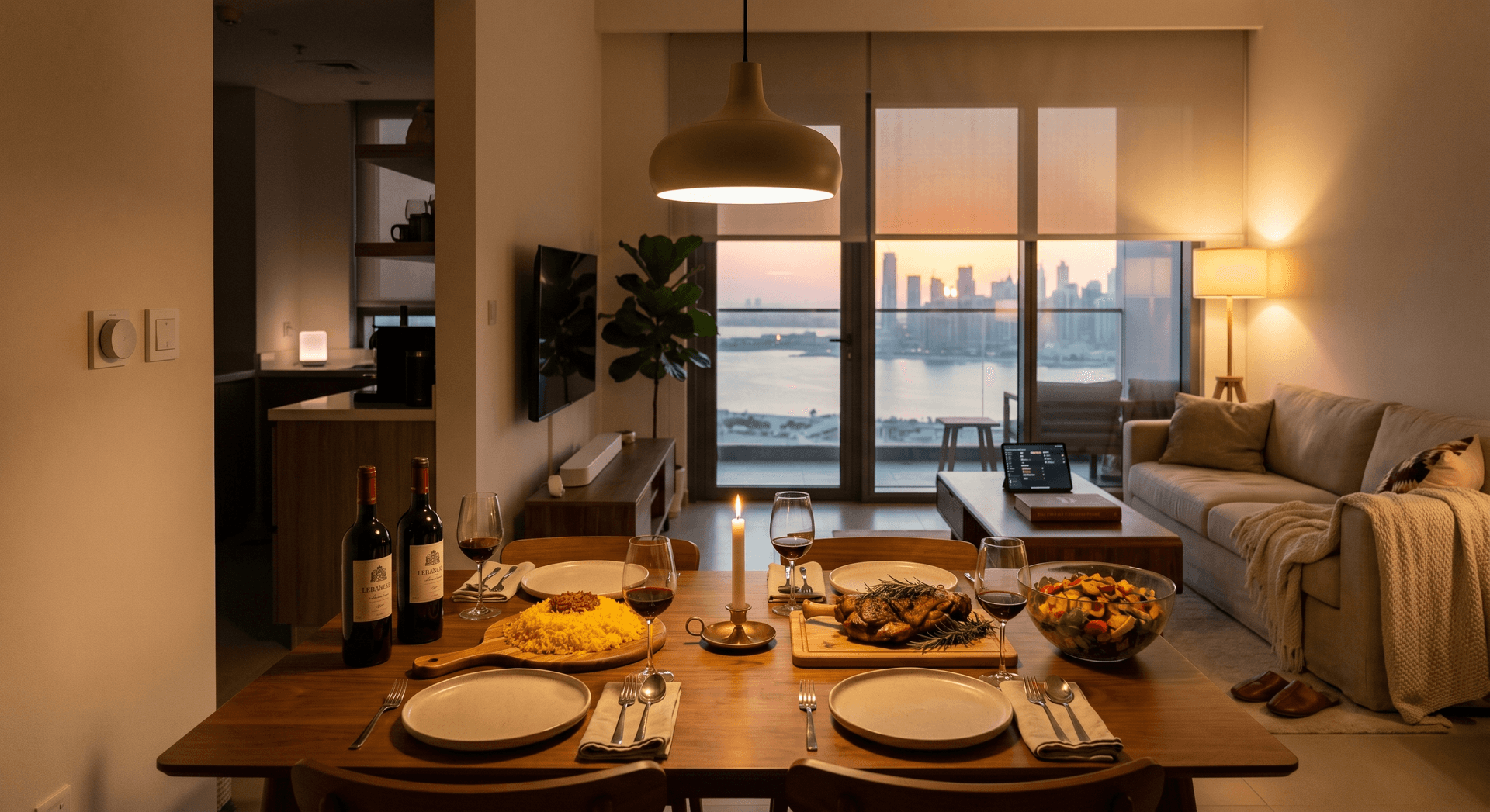 Modern Dubai Business Bay apartment dining table at 7pm with warm 2700K pendant light dimmed over the table, four place settings, a serving bowl of rice and a roast on a wooden board, a small Sonos Era 100 visible on the kitchen counter behind, a Philips Hue Tap Dial controller on the wall, the west-facing motorized blind 80% drawn against Dubai Marina sunset skyline, beige linen sofa with a cream throw beyond the dining area, an open bottle of wine, a candle, and warm floor-lamp ambient glow at 60%