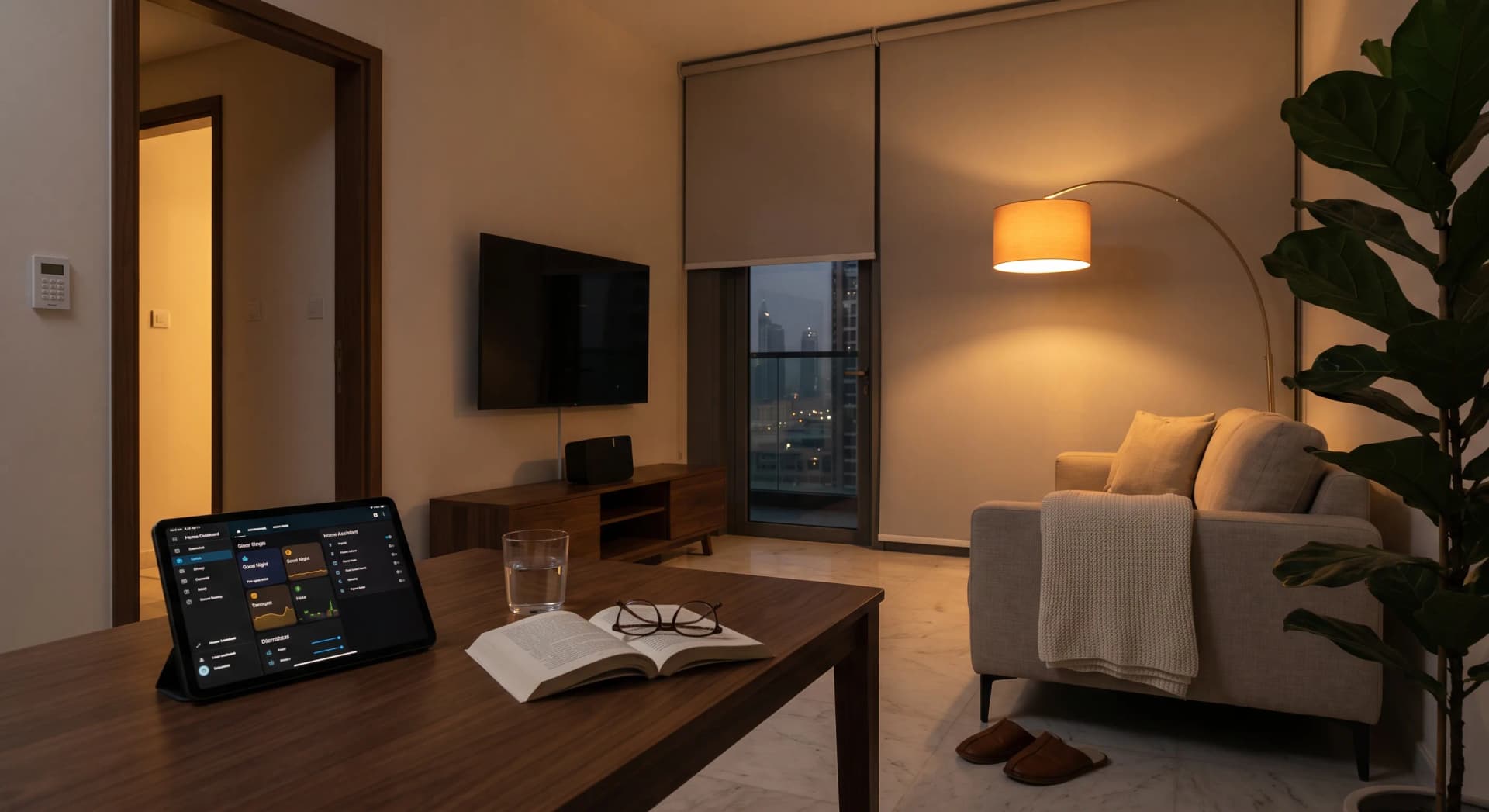 A lived-in Business Bay apartment at night just after a Good Night scene has run, the living room lit only by a single warm 2200K amber floor lamp at low level and a soft hallway nightlight, the ceiling downlights off, the TV dark, a Sonos speaker idle on the console, an iPad on the coffee table showing a Home Assistant dashboard with the Good Night scene highlighted, a cream throw folded over the sofa arm, a half-finished glass of water, an open book face-down, leather slippers on the marble floor, the Dubai skyline glowing faintly through floor-to-ceiling windows with a motorized blind fully drawn, no people
