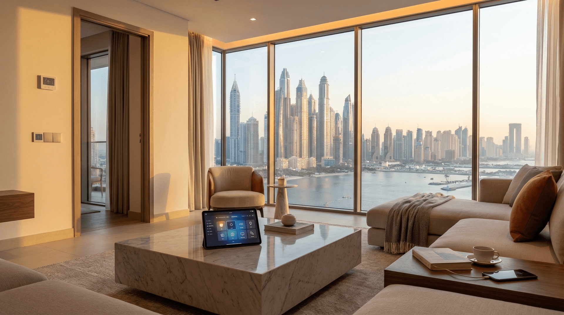 Modern Dubai apartment with smart home automation controls, tablet on coffee table showing home controls with marina views through floor-to-ceiling windows