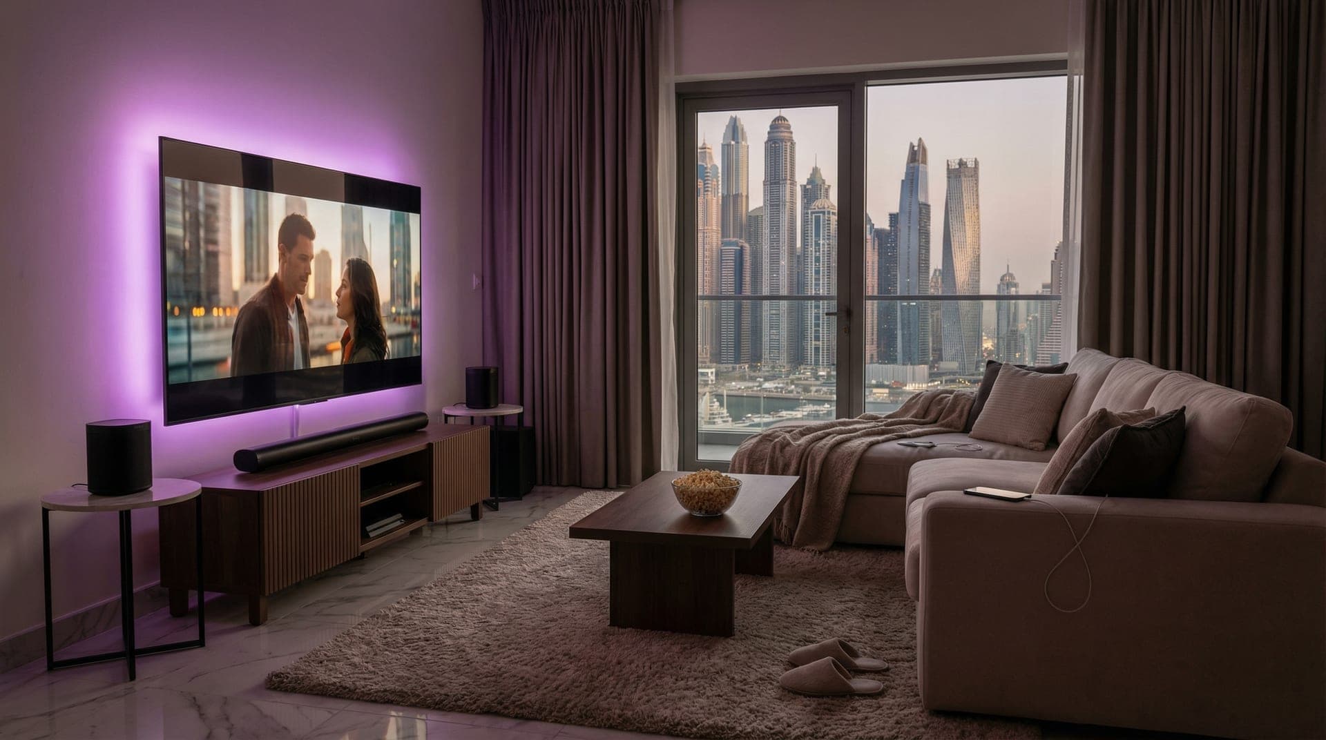 A cozy Dubai apartment living room set up as a home cinema with a wall-mounted TV, Sonos soundbar, and warm ambient lighting
