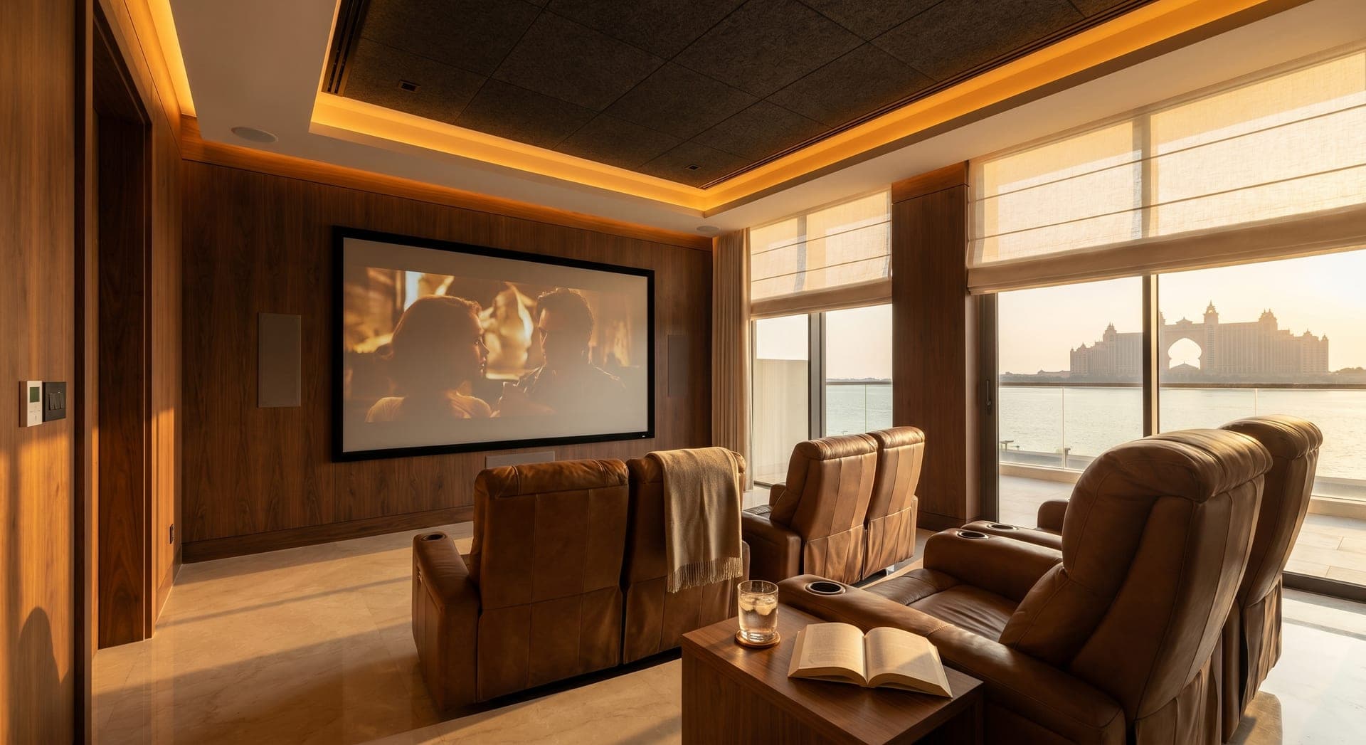 Modern Palm Jumeirah villa media room at golden hour with a 98-inch wall-mounted TV, a discreet pair of in-wall speakers, leather recliners, walnut paneling, a tumbler of water on a side table, and a glimpse of the Arabian Gulf through floor-to-ceiling glass behind half-drawn linen blinds