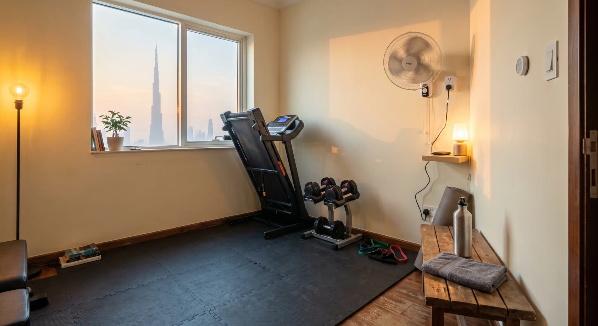 Lived-in Dubai apartment spare room converted into a home gym at morning light, folded treadmill against the wall, rubber floor mats, adjustable dumbbells on a low rack, a wall-mounted fan running, an Aqara sensor by the door, a smart plug under a desk lamp, water bottle and a folded towel on a bench, Burj Khalifa visible through the window, no people