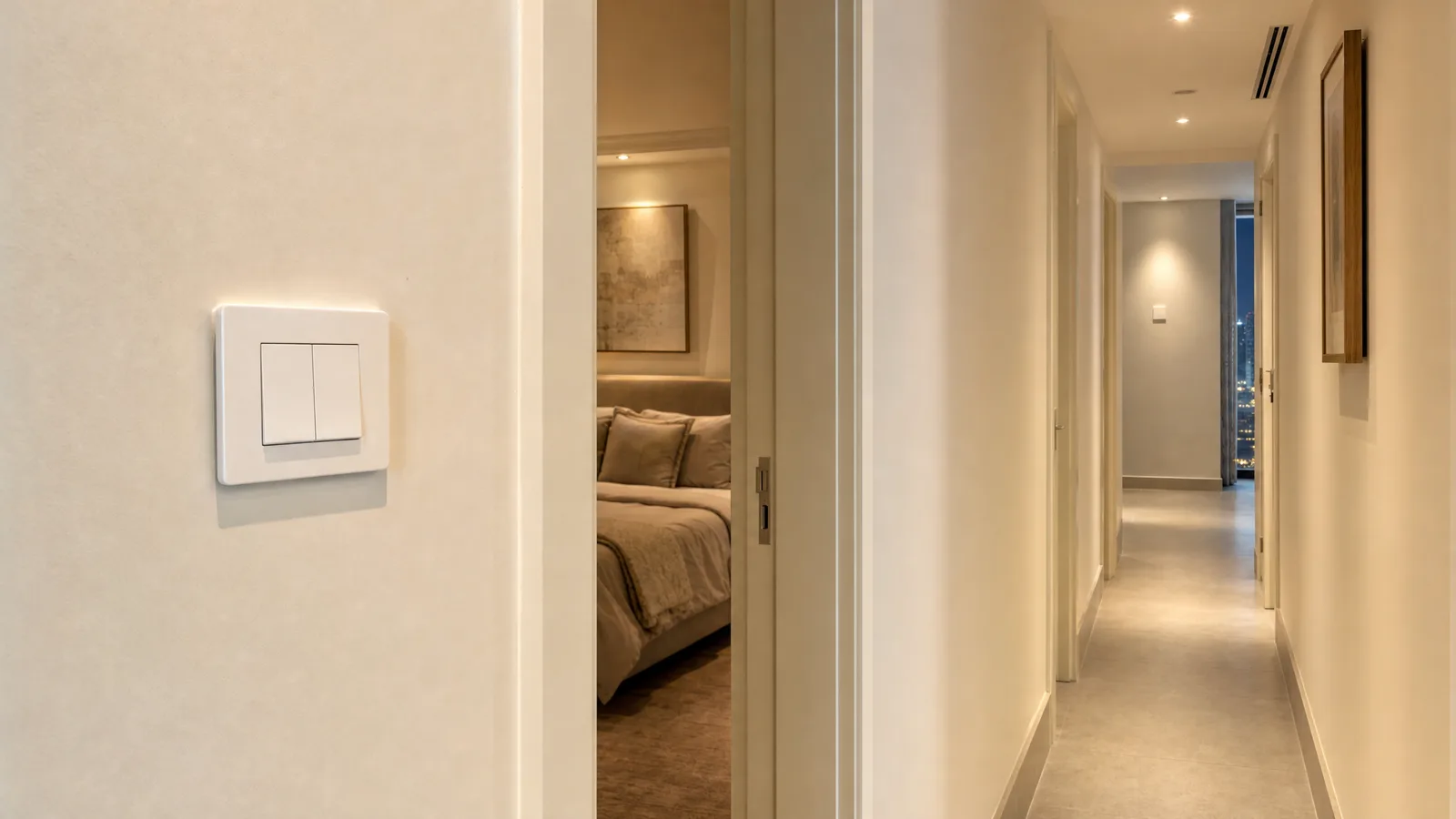 A hallway in a Dubai apartment with a two-rocker white light switch beside a bedroom door and a matching single switch at the far end of the corridor, warm evening light