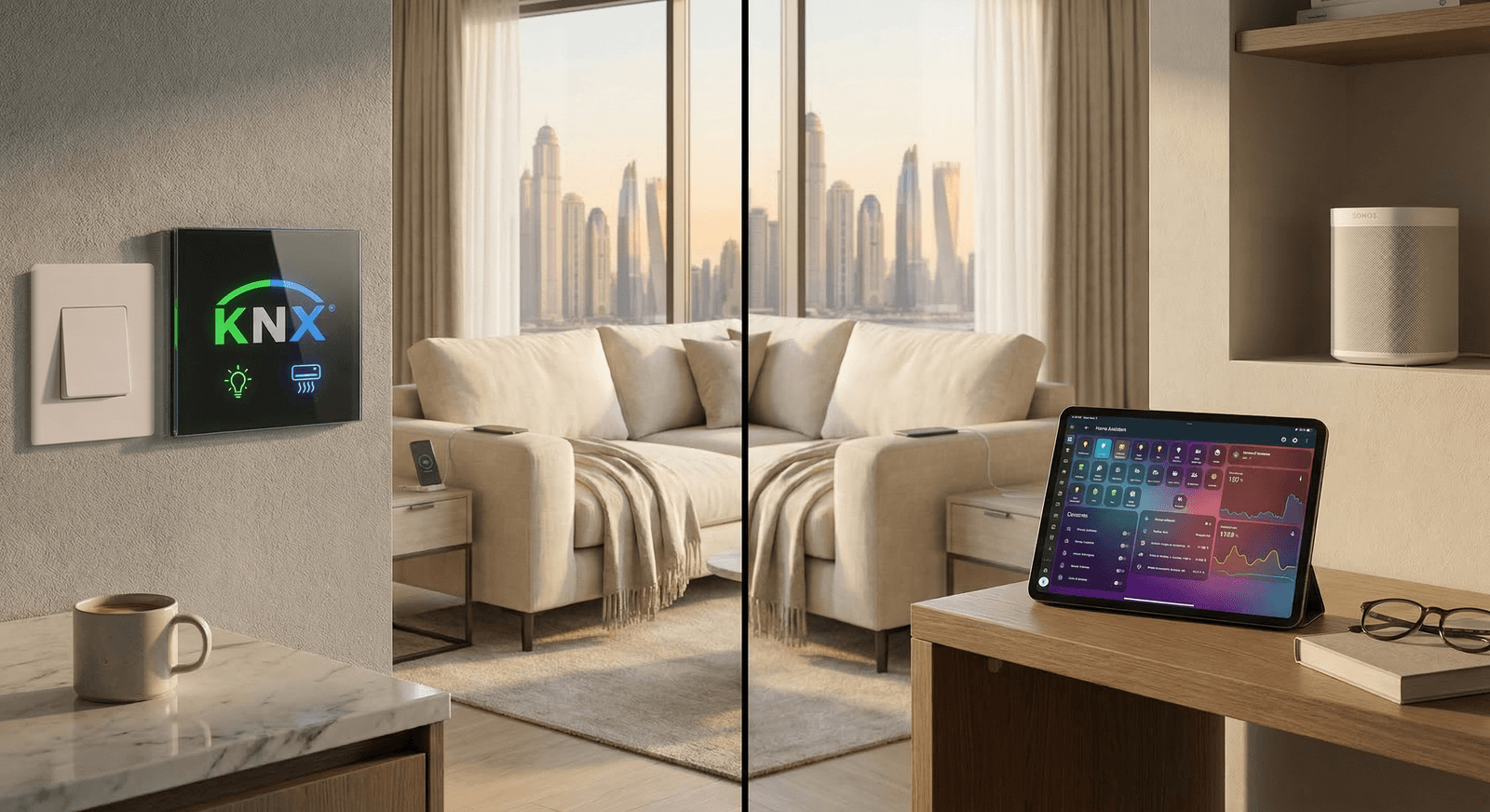 KNX and Home Assistant dashboards side by side in a Dubai villa