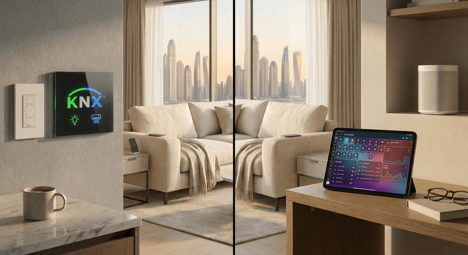 KNX and Home Assistant dashboards side by side in a Dubai villa