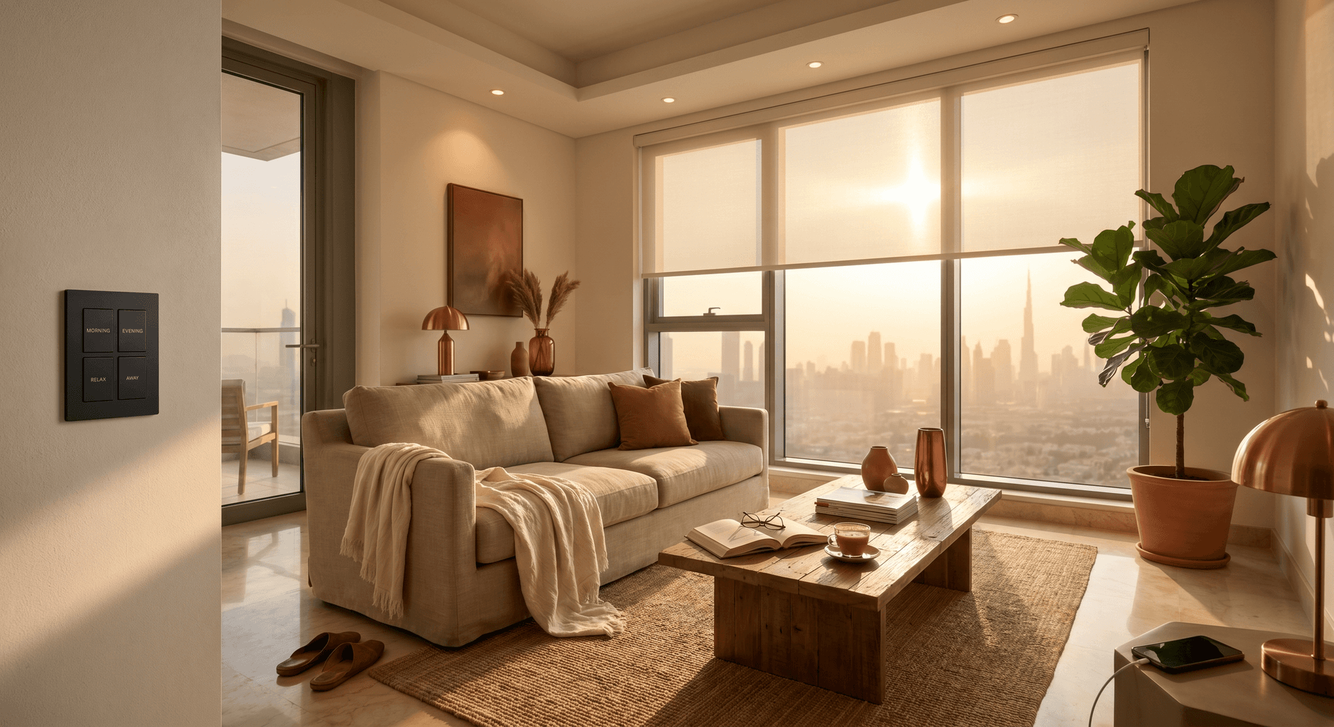A lived-in Dubai apartment living room at golden hour with a Lutron Palladiom keypad on the wall, recessed downlights dimmed warm, and a motorized roller shade half-drawn over a skyline view