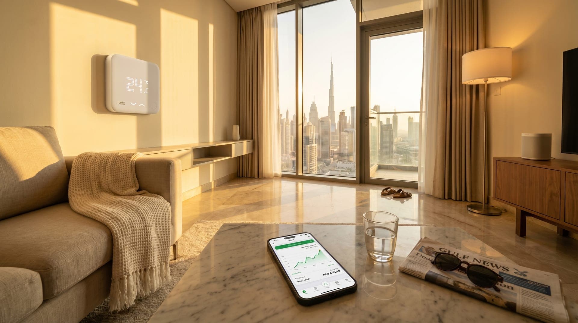 A Dubai apartment living room at golden hour with afternoon sun streaming through floor-to-ceiling windows, a smart AC controller on the wall showing 24 degrees, and a smartphone on the coffee table displaying a DEWA bill summary
