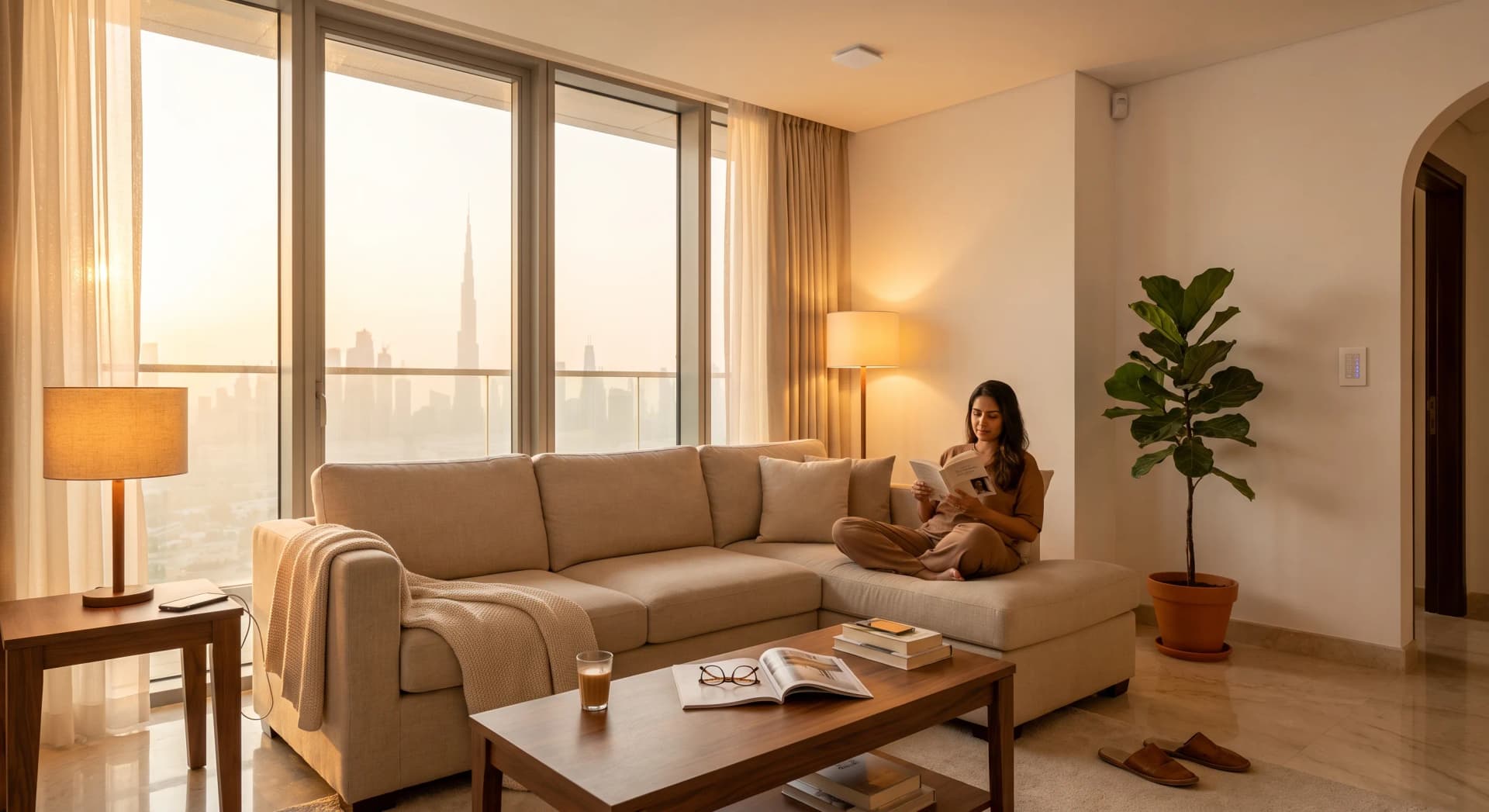 A ceiling-mounted white presence sensor above a warm, lived-in Dubai apartment living room at golden hour, with a corner-mounted motion sensor near the wall, a person reading still on the sofa while the lamps stay on, Dubai skyline through floor-to-ceiling windows.