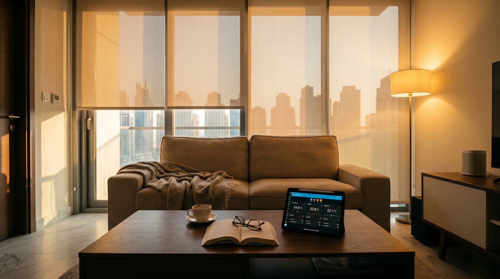 A Dubai living room at golden hour with motorized roller blinds half-closed across floor-to-ceiling west-facing windows, warm afternoon light filtering onto a linen sofa, coffee table with a half-finished cup of Arabic coffee and an open book