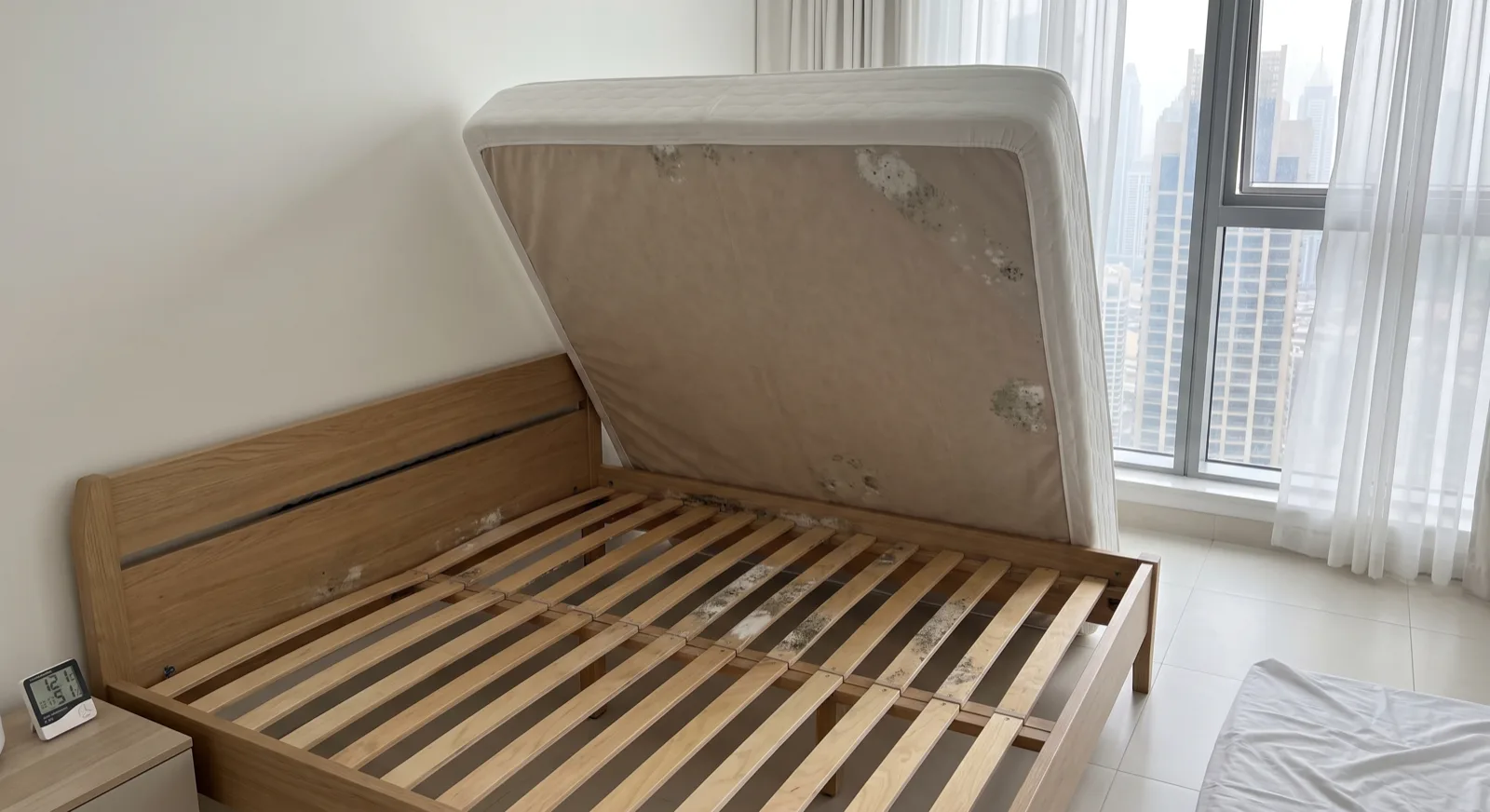 The underside of a new wooden bed frame in a Dubai apartment with the mattress lifted and propped against the wall, grey and green mould spotting visible on the slats and on the underside of the mattress, a small humidity sensor sitting on the bedside table, morning light through the window