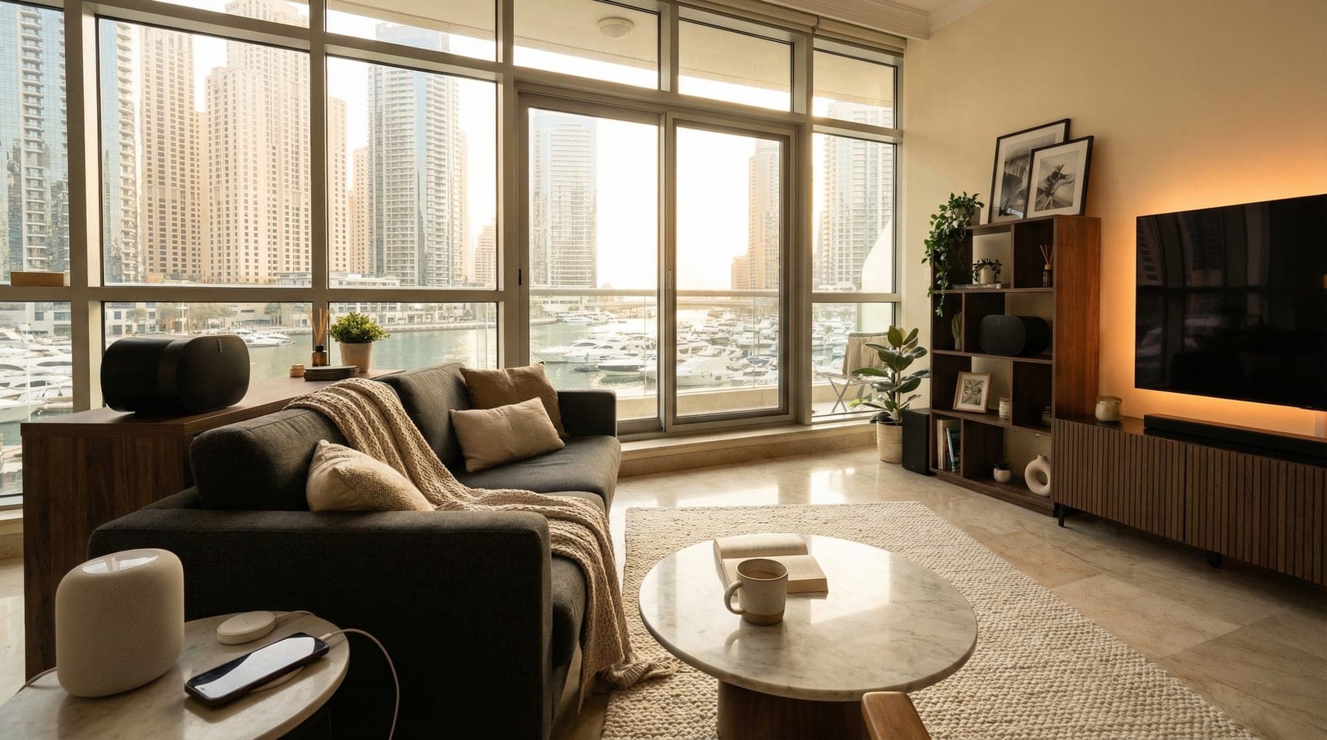 A modern Dubai apartment living room with Sonos speakers on shelves and warm afternoon light through floor-to-ceiling windows