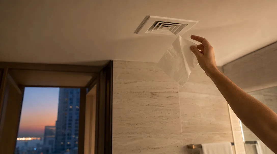 A hand holding a square of white tissue paper up to a white ceiling extract grille in a Dubai apartment bathroom, the tissue hanging loose and falling away from the grille instead of sticking to it, travertine tiled wall and a high-rise skyline at dusk through the doorway beyond
