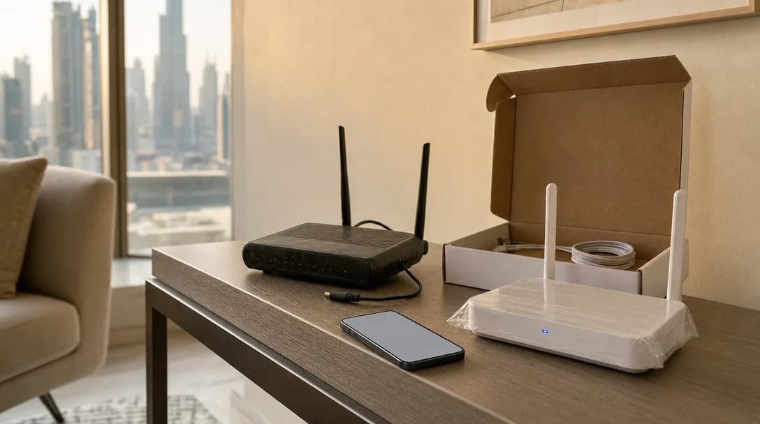 A new white Wi-Fi router still in its wrapping beside its open box on a console table in a Dubai apartment, the old black router unplugged next to it and a phone lying face up, with the Dubai skyline through the window