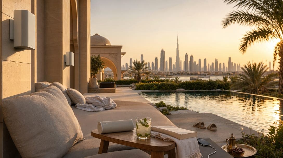 Dubai villa terrace at golden hour with a small pool, architectural outdoor speakers mounted on a beige stone wall, lounger with linen cushions, and Burj Khalifa skyline in the distance.