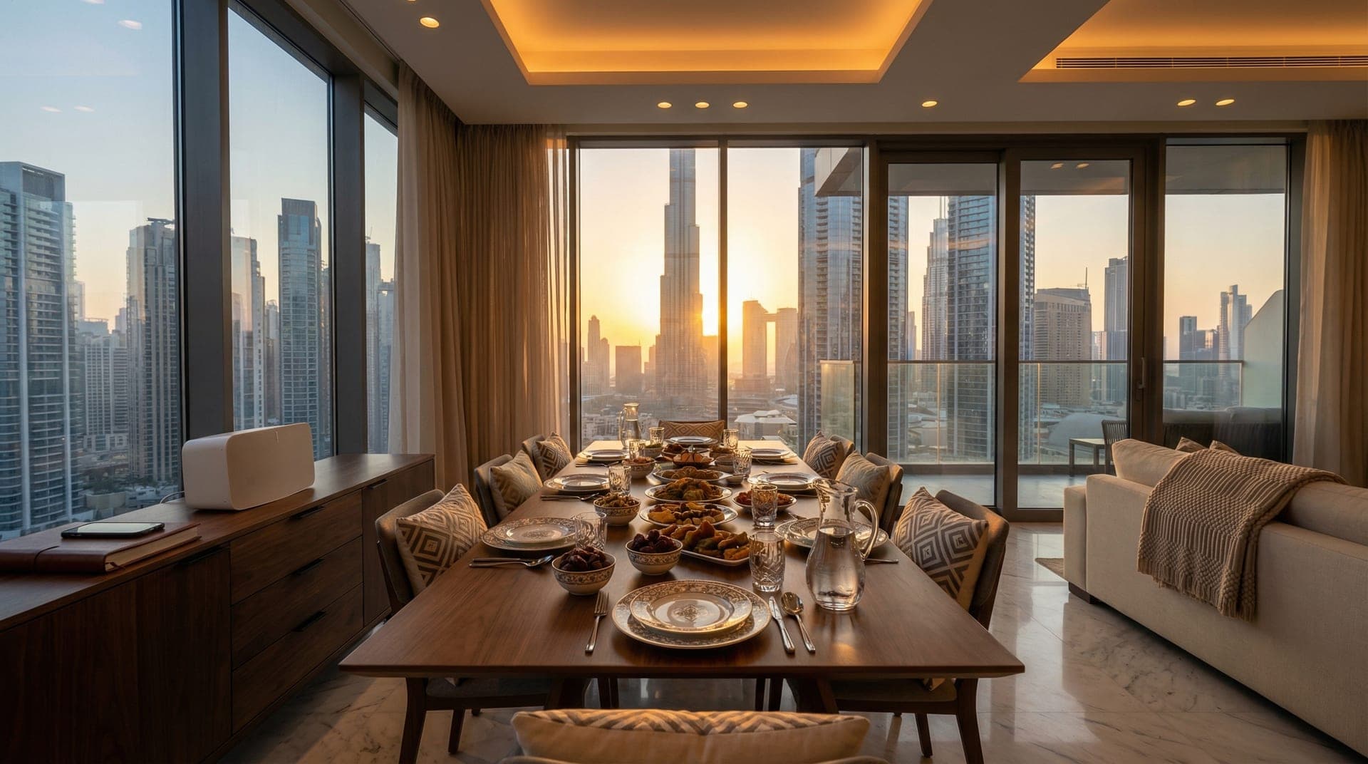 A modern Dubai apartment dining room set for iftar guests with warm smart lighting at sunset